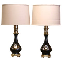 Pair of 19th Century French Painted Porcelain Table Oil Lamps on Bronze Bases