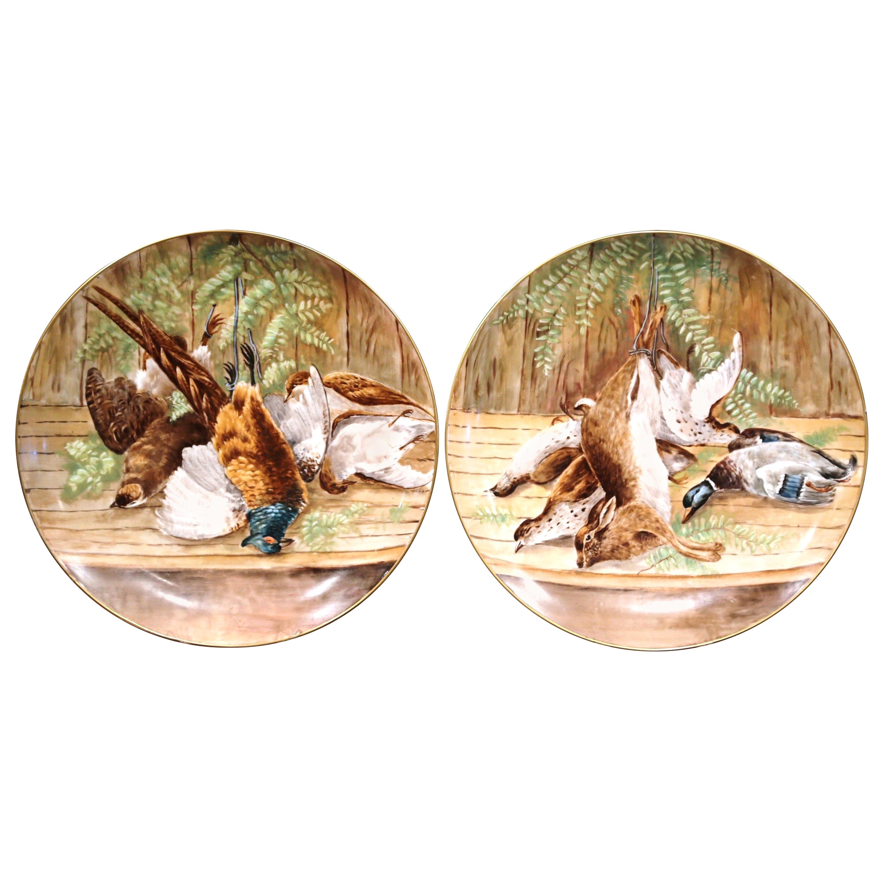 Pair of 19th Century French Painted Porcelain Wall Platters with Hunt Motifs