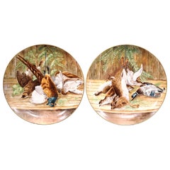 Antique Pair of 19th Century French Painted Porcelain Wall Platters with Hunt Motifs