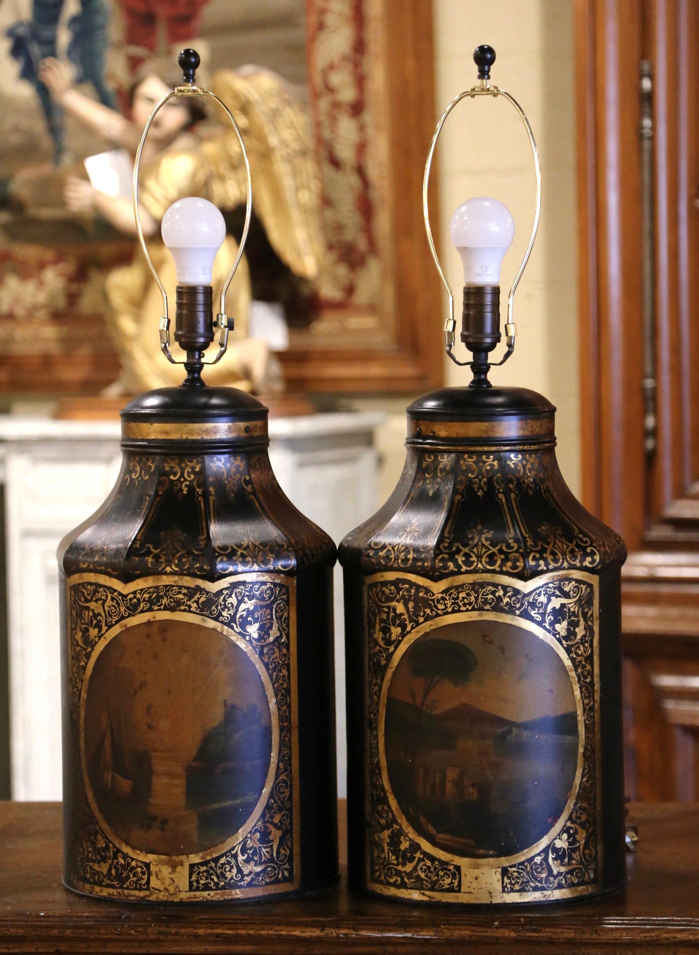 Hand-Painted Pair of 19th Century French Painted Tole Tea Canister Table Lamps with Shades