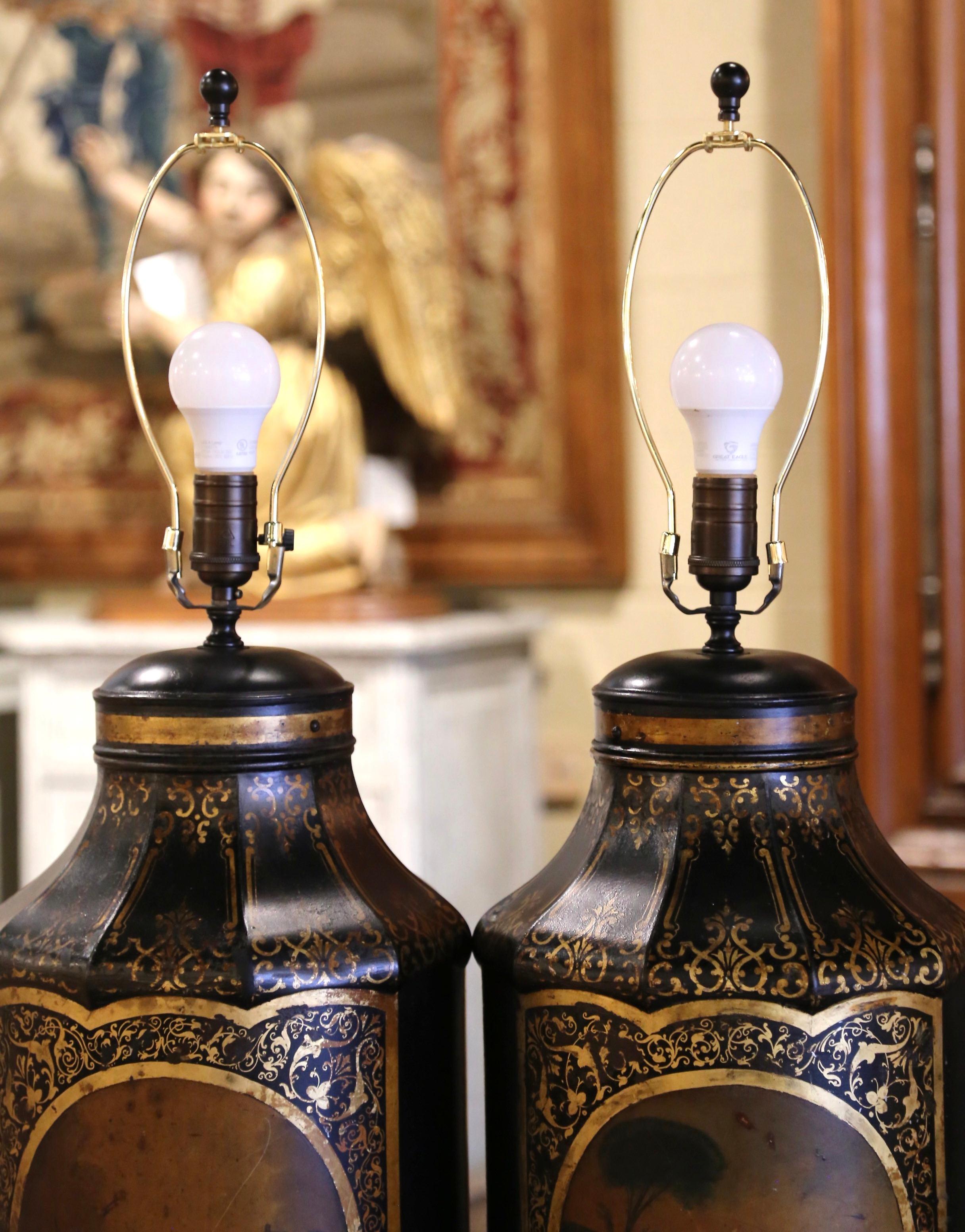 Pair of 19th Century French Painted Tole Tea Canister Table Lamps with Shades In Excellent Condition In Dallas, TX