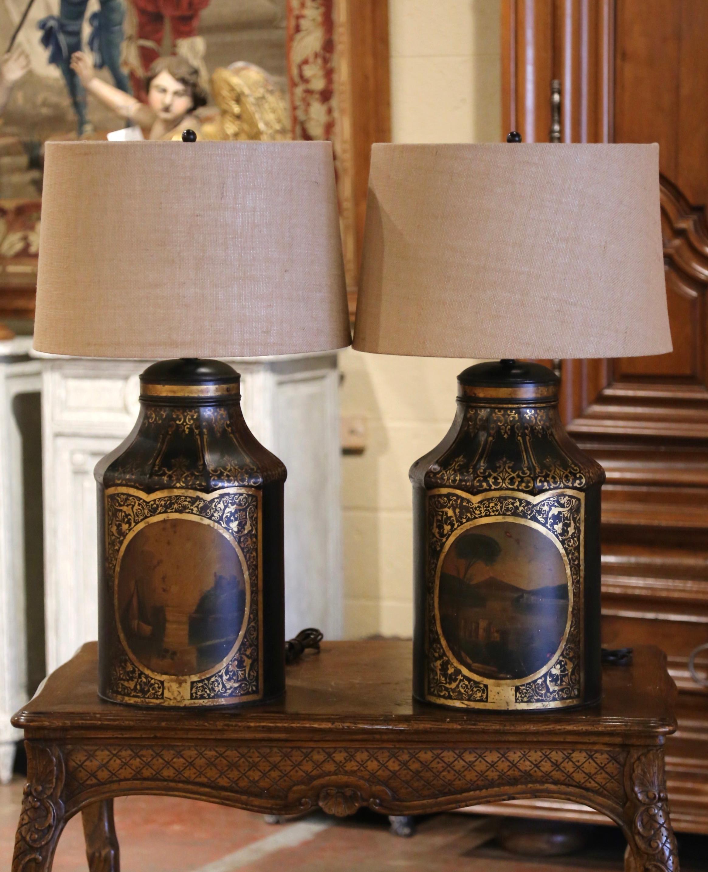 Pair of 19th Century French Painted Tole Tea Canister Table Lamps with Shades 1