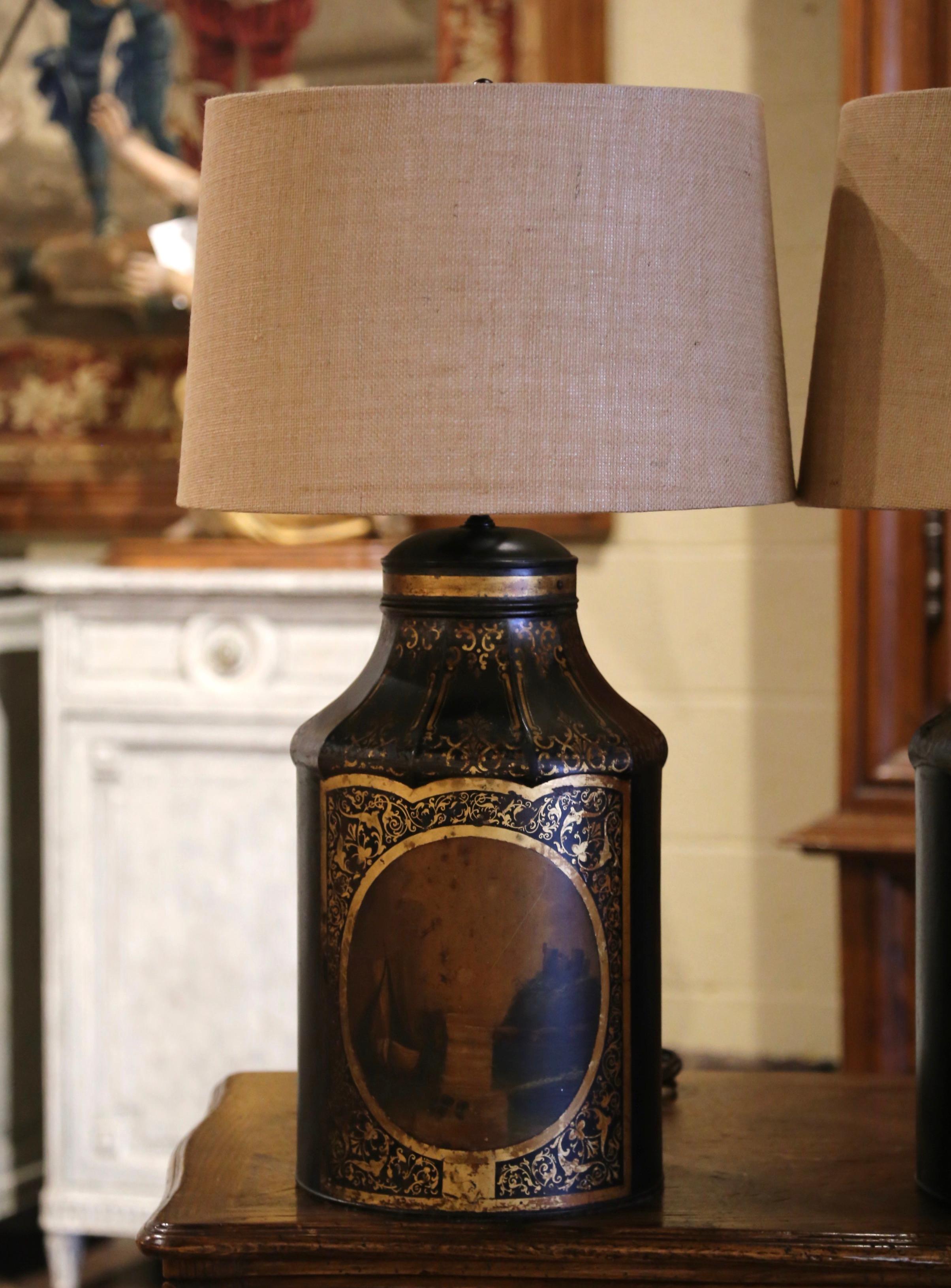 Pair of 19th Century French Painted Tole Tea Canister Table Lamps with Shades 2