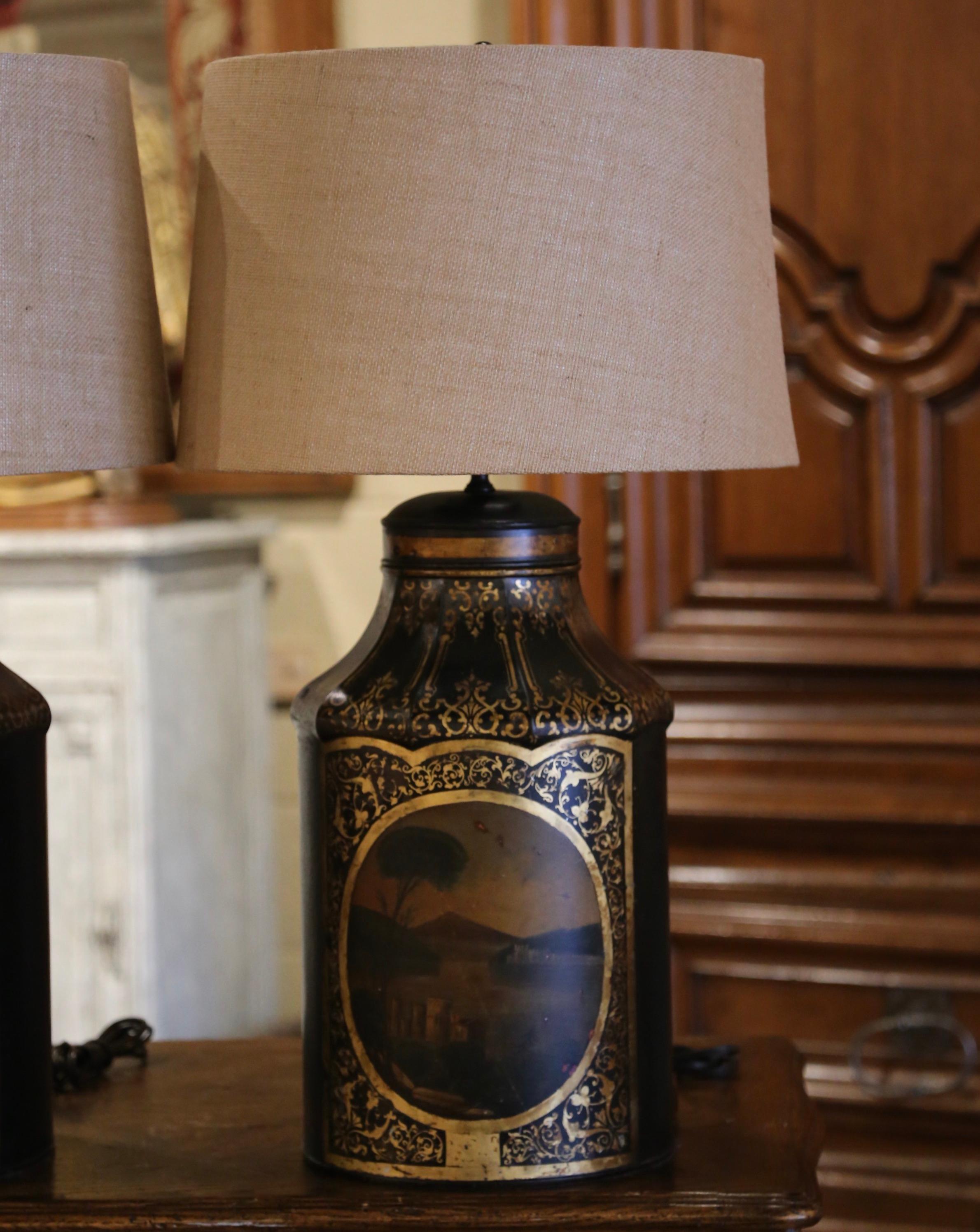 Pair of 19th Century French Painted Tole Tea Canister Table Lamps with Shades 3