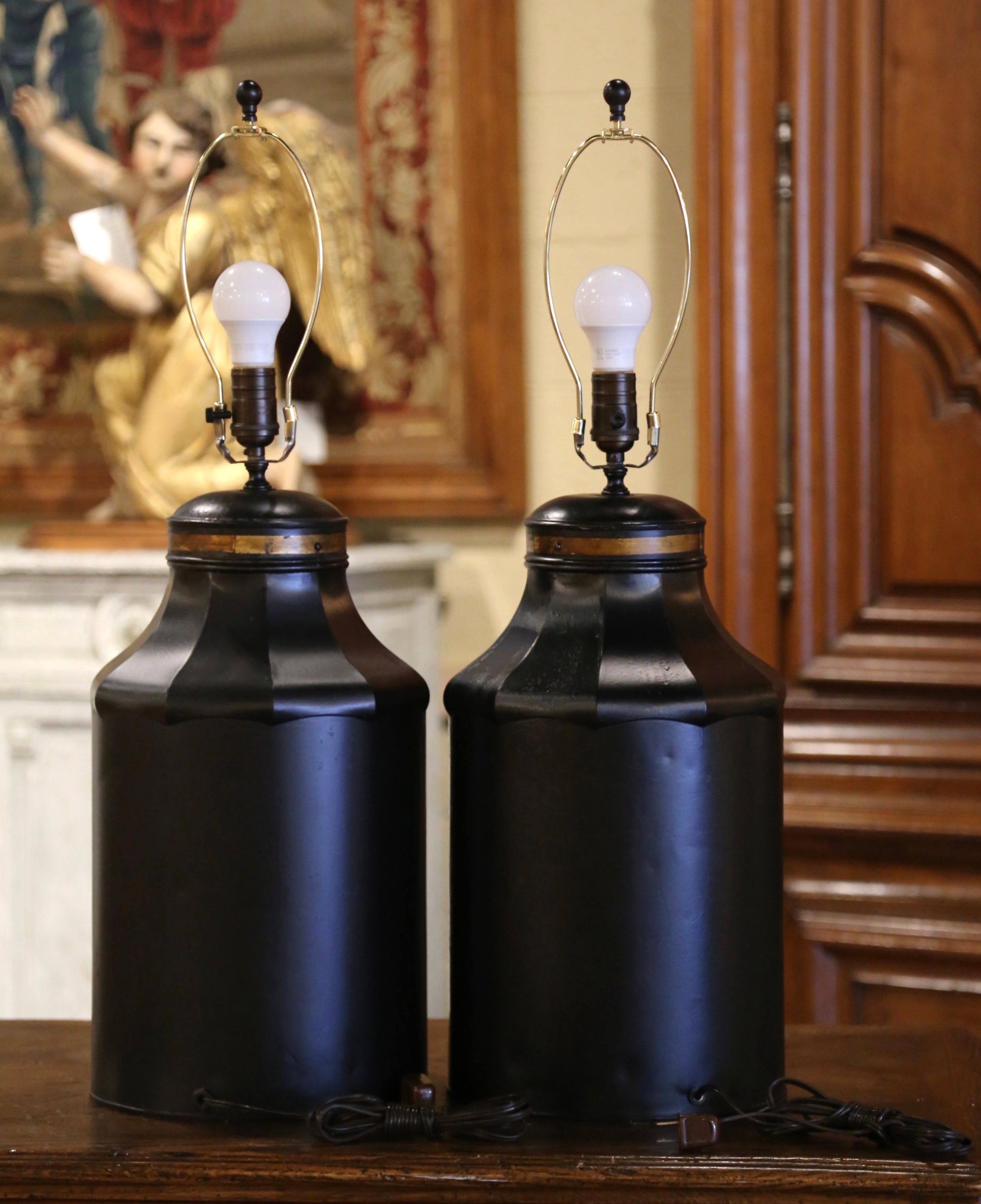 Pair of 19th Century French Painted Tole Tea Canister Table Lamps with Shades 4