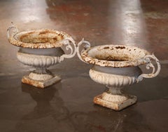 Pair of 19th Century French Painted Weathered Iron Garden Chambord Urn Planters