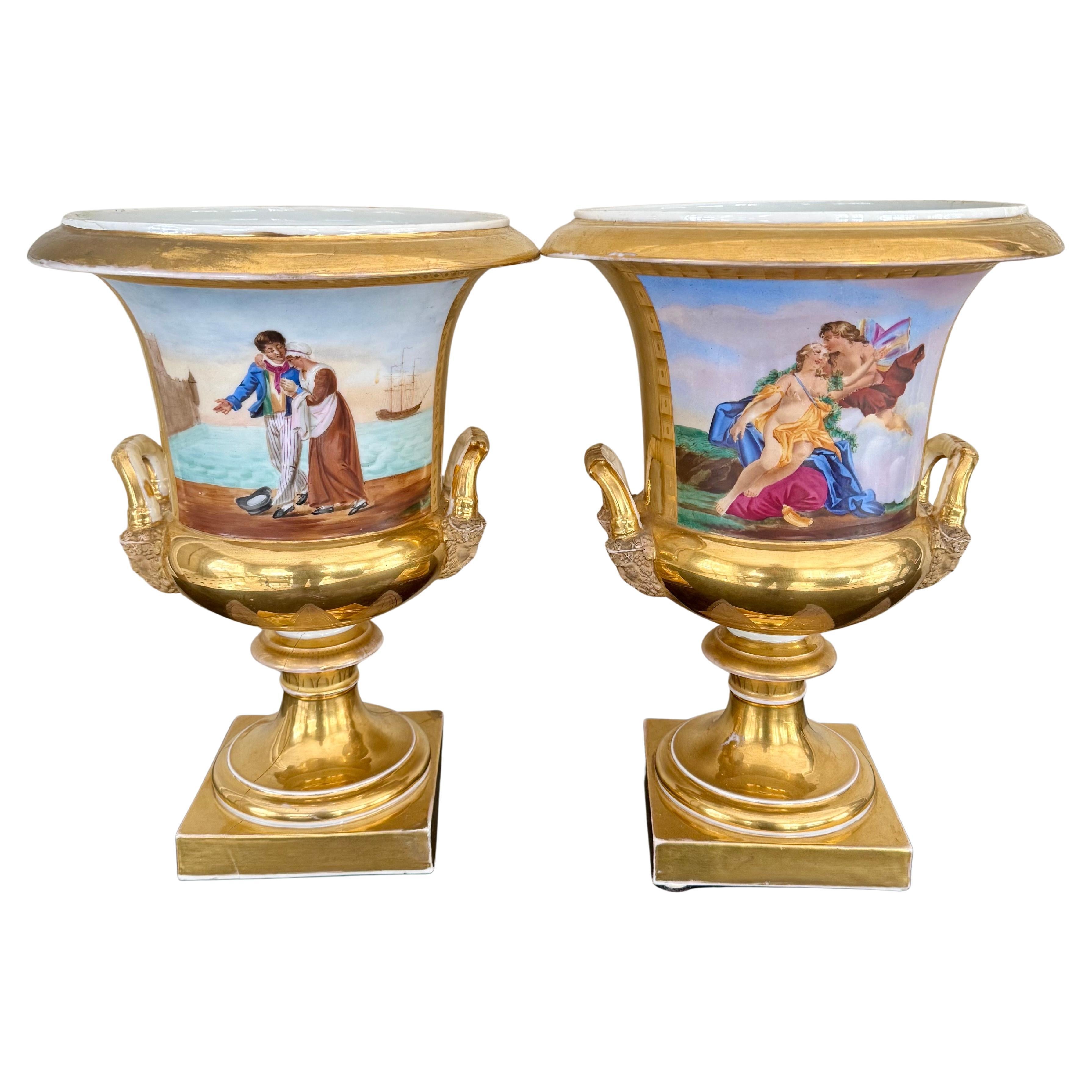 Pair of 19th Century French Paris Porcelain Urns with Painted Scenes & Handles