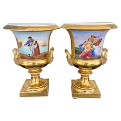 Pair of 19th Century French Paris Porcelain Urns with Painted Scenes & Handles