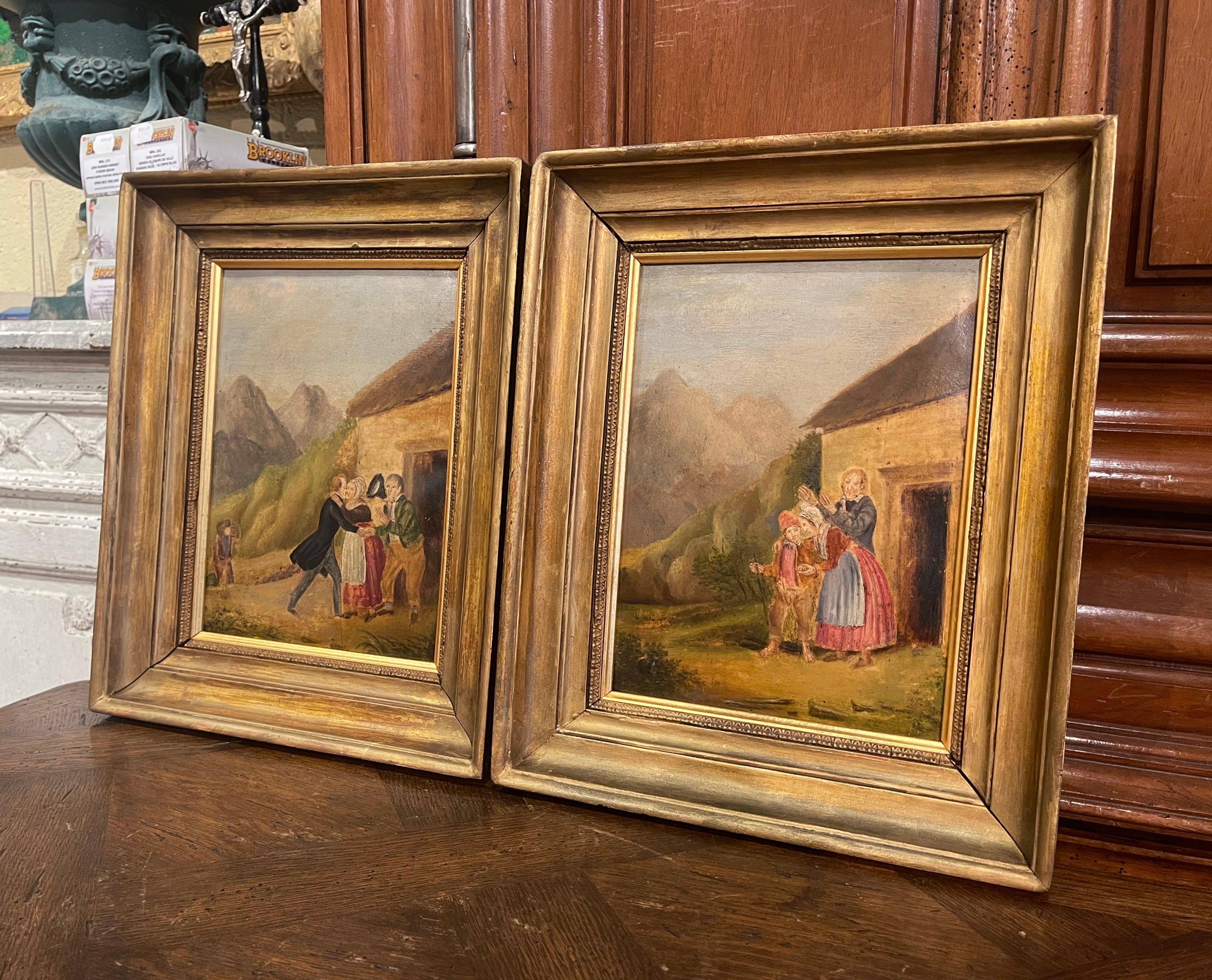 Decorate a study or office with this elegant pair of antique paintings. Created in France circa 1880 and painted on board, both colorful art work are set in a carved gilt wood frame. Each composition depicts a traditional pastoral scene; one with