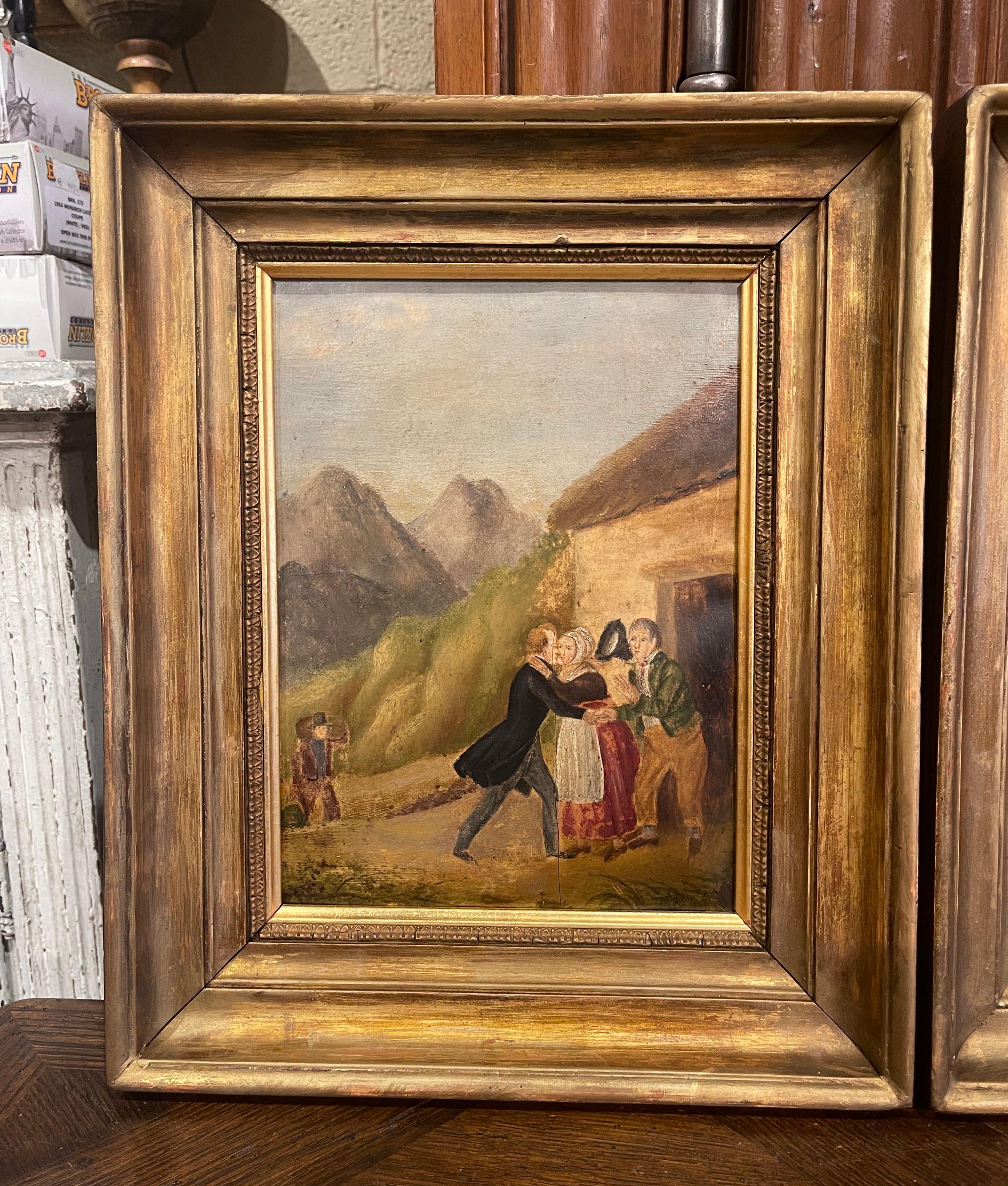 Hand-Carved Pair of 19th Century French Pastoral Oil on Board Paintings in Gilt Frames For Sale