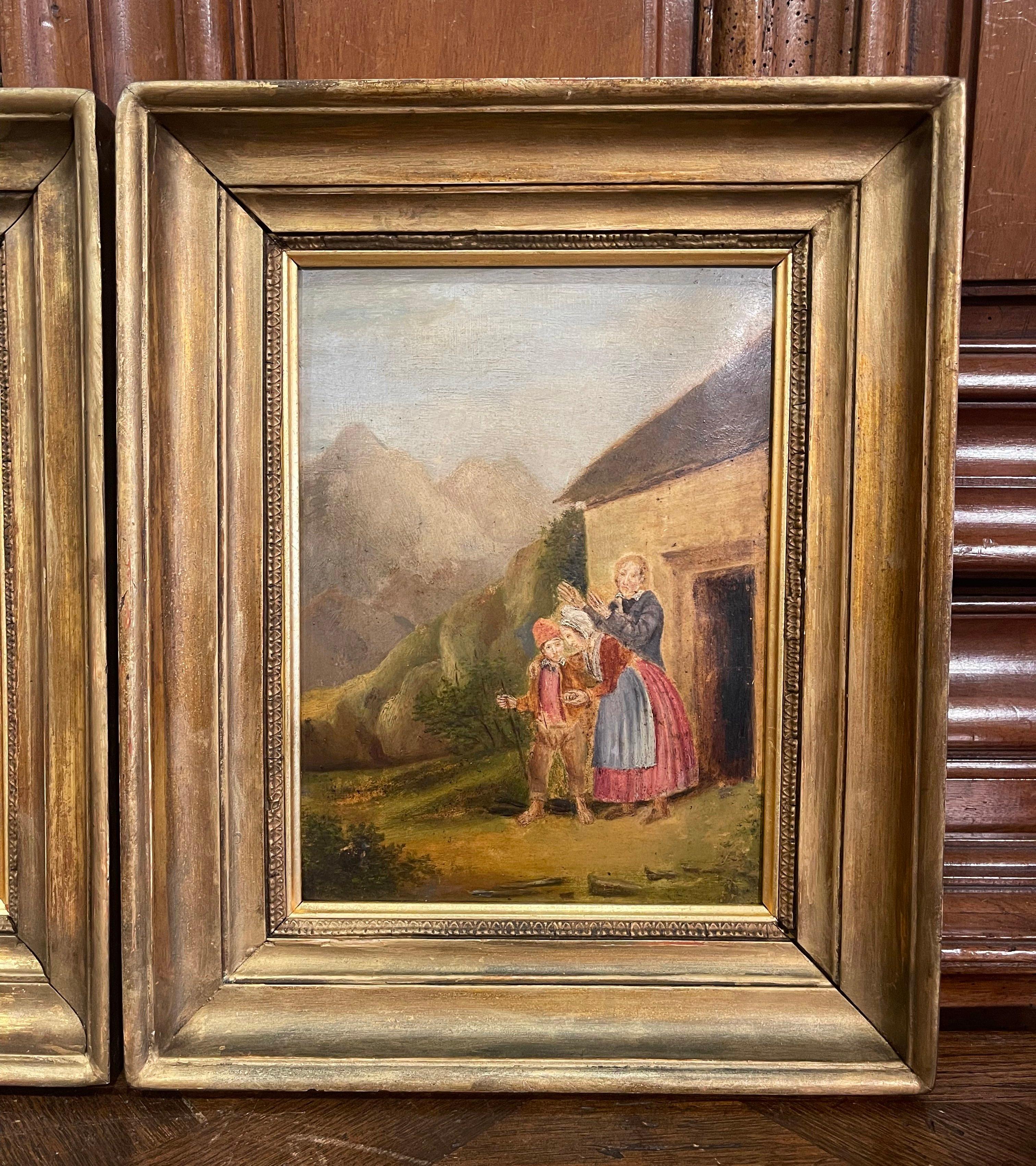 Giltwood Pair of 19th Century French Pastoral Oil on Board Paintings in Gilt Frames For Sale