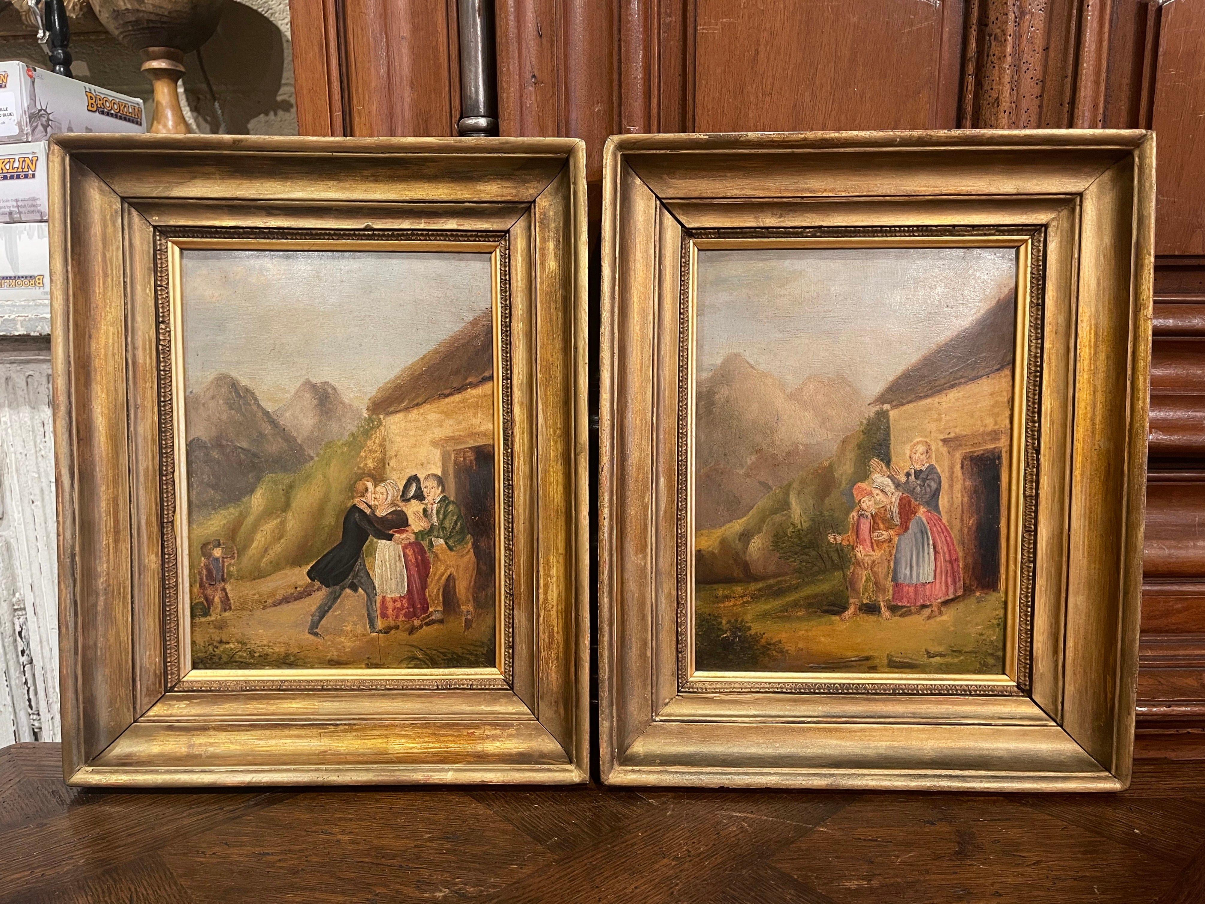 Pair of 19th Century French Pastoral Oil on Board Paintings in Gilt Frames For Sale 3