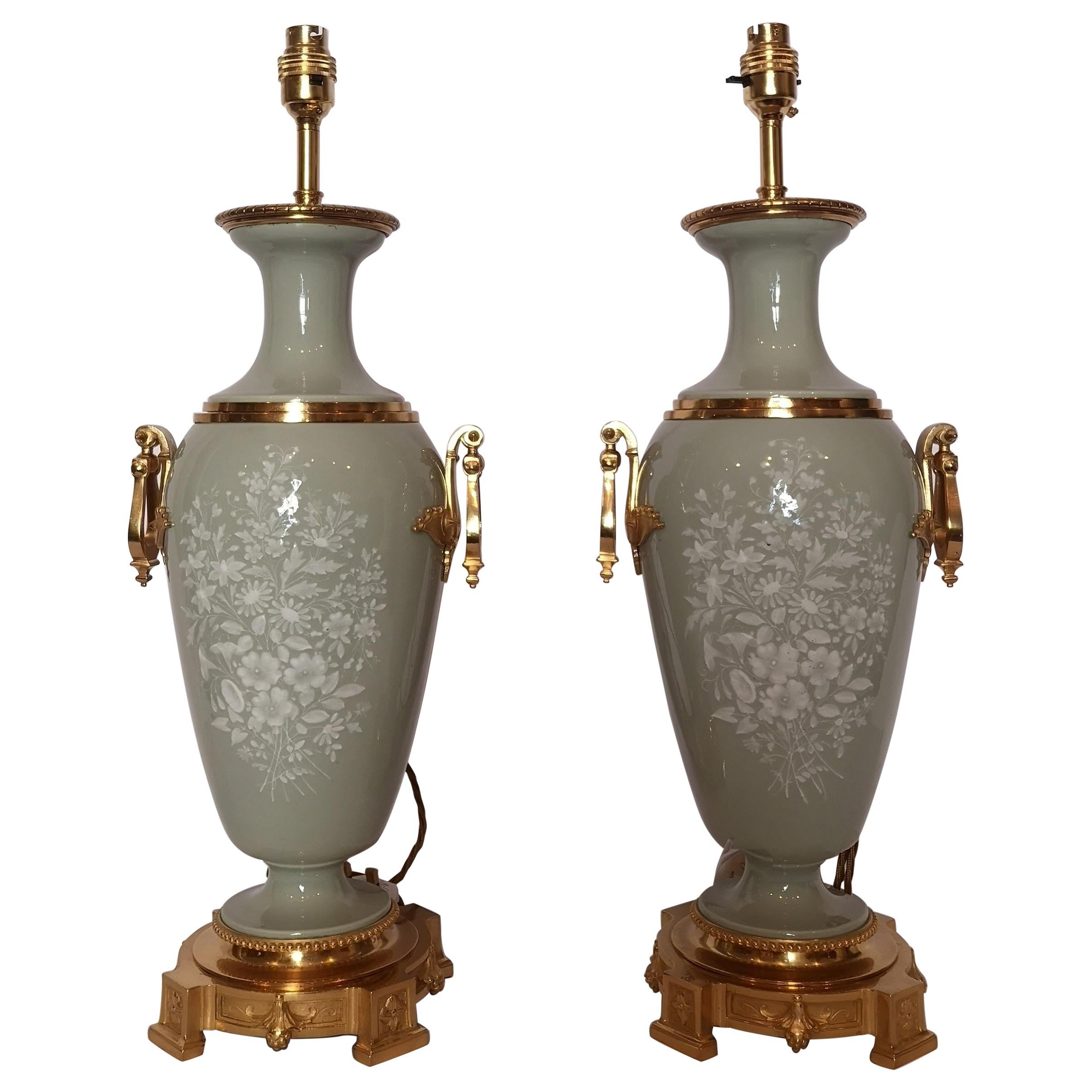 Pair of 19th Century French Pate Sur Pate Porcelain Lamps For Sale