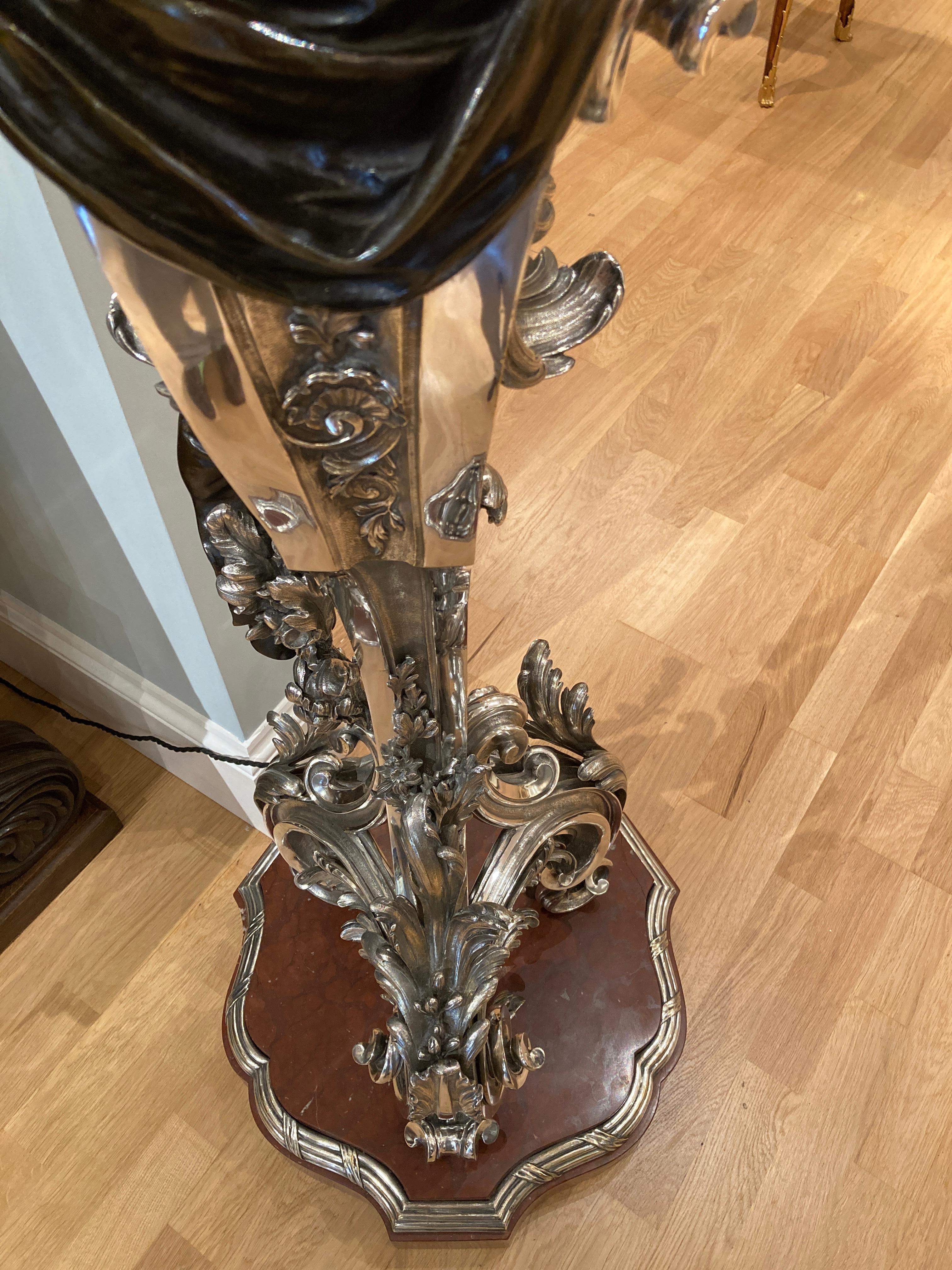 Pair of 19th Century French Patinated and Silvered Bronze Torchères Floor Lamps  For Sale 8