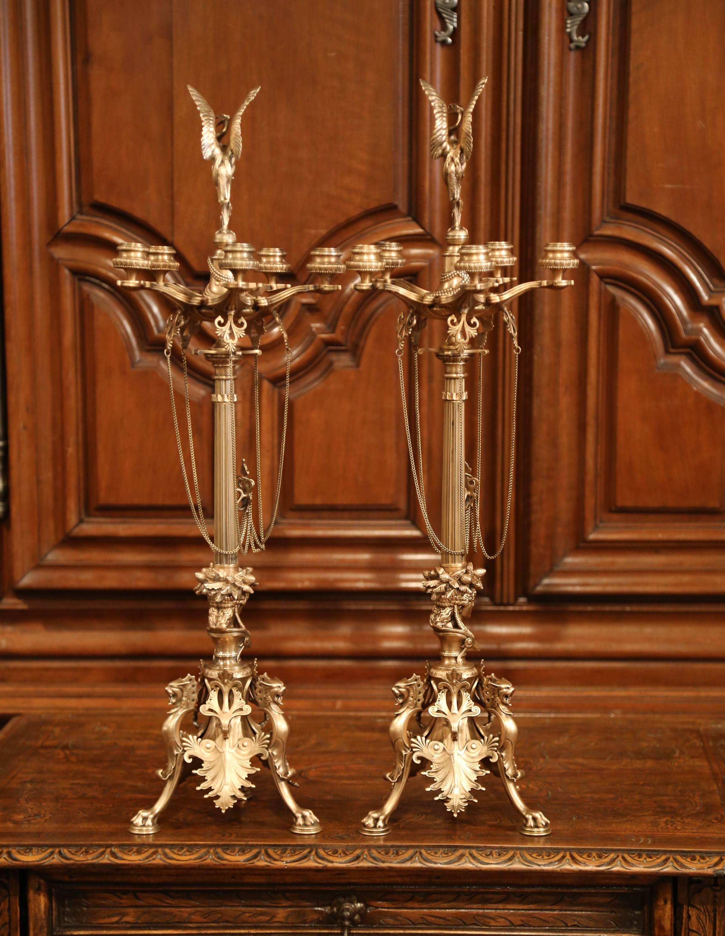 Pair of 19th Century French Patinated Bronze and Copper Five-Light Candelabras 7