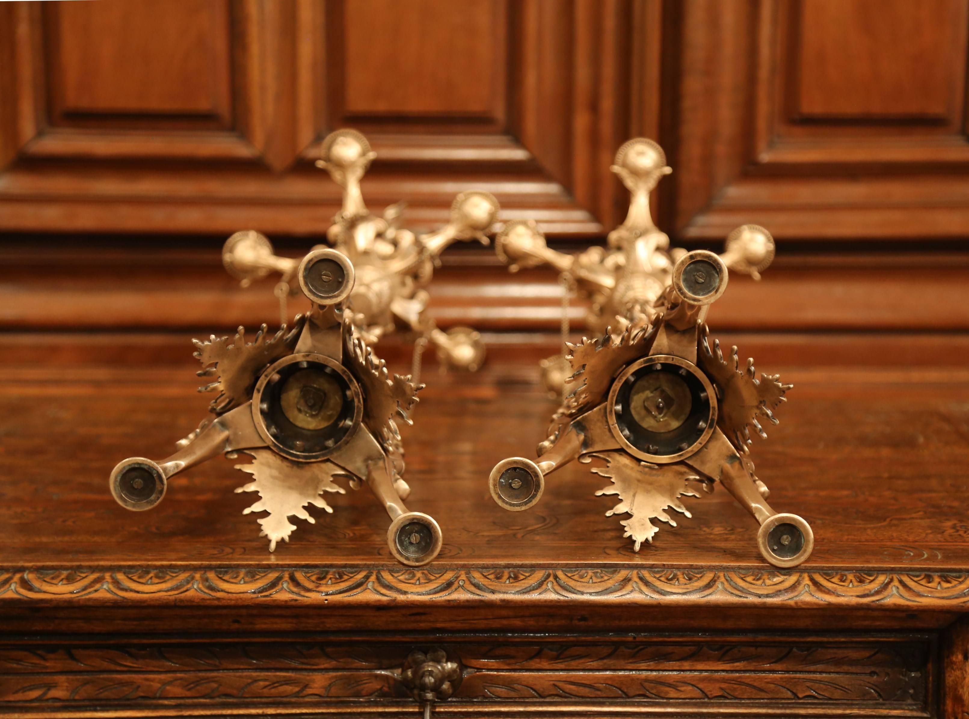 Pair of 19th Century French Patinated Bronze and Copper Five-Light Candelabras 8