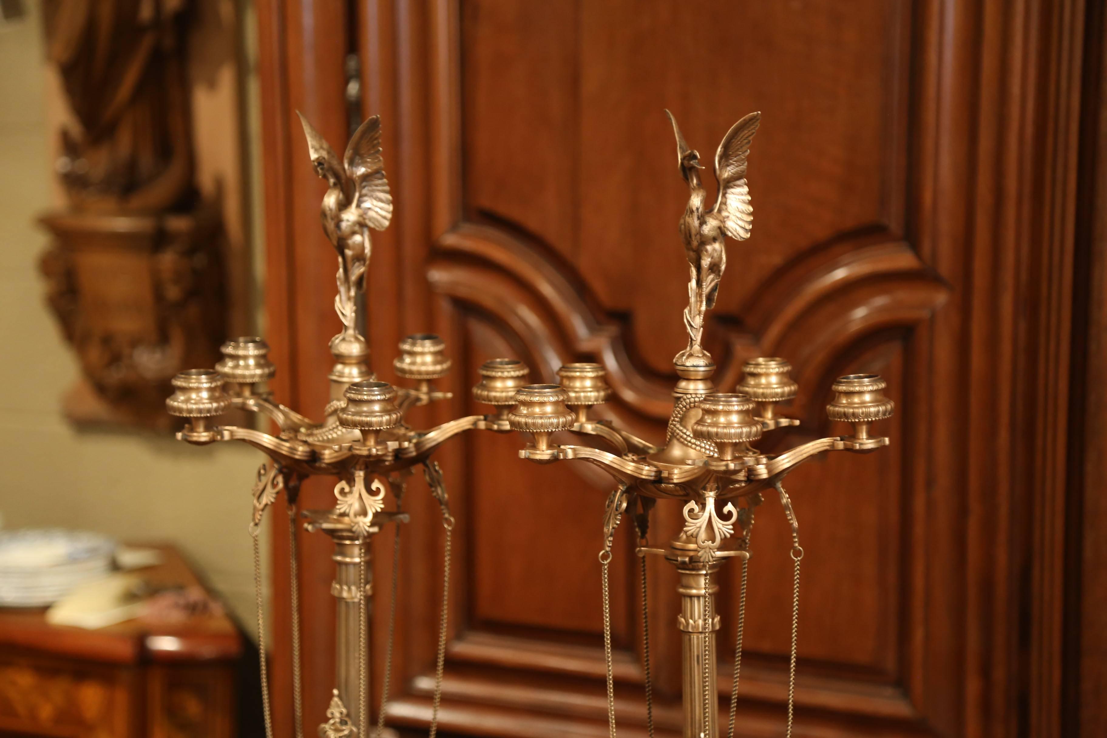 Hand-Crafted Pair of 19th Century French Patinated Bronze and Copper Five-Light Candelabras
