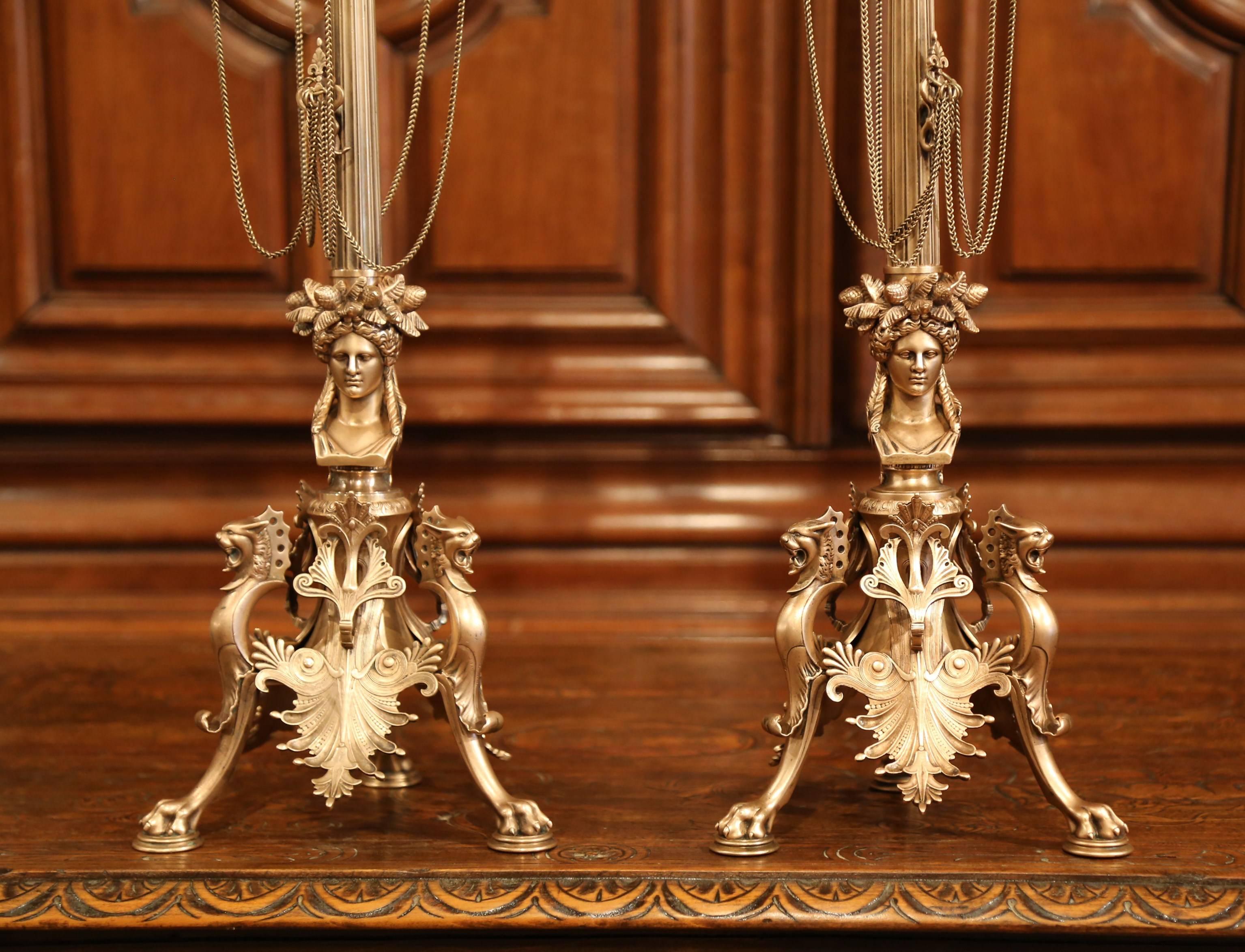 Pair of 19th Century French Patinated Bronze and Copper Five-Light Candelabras In Excellent Condition In Dallas, TX