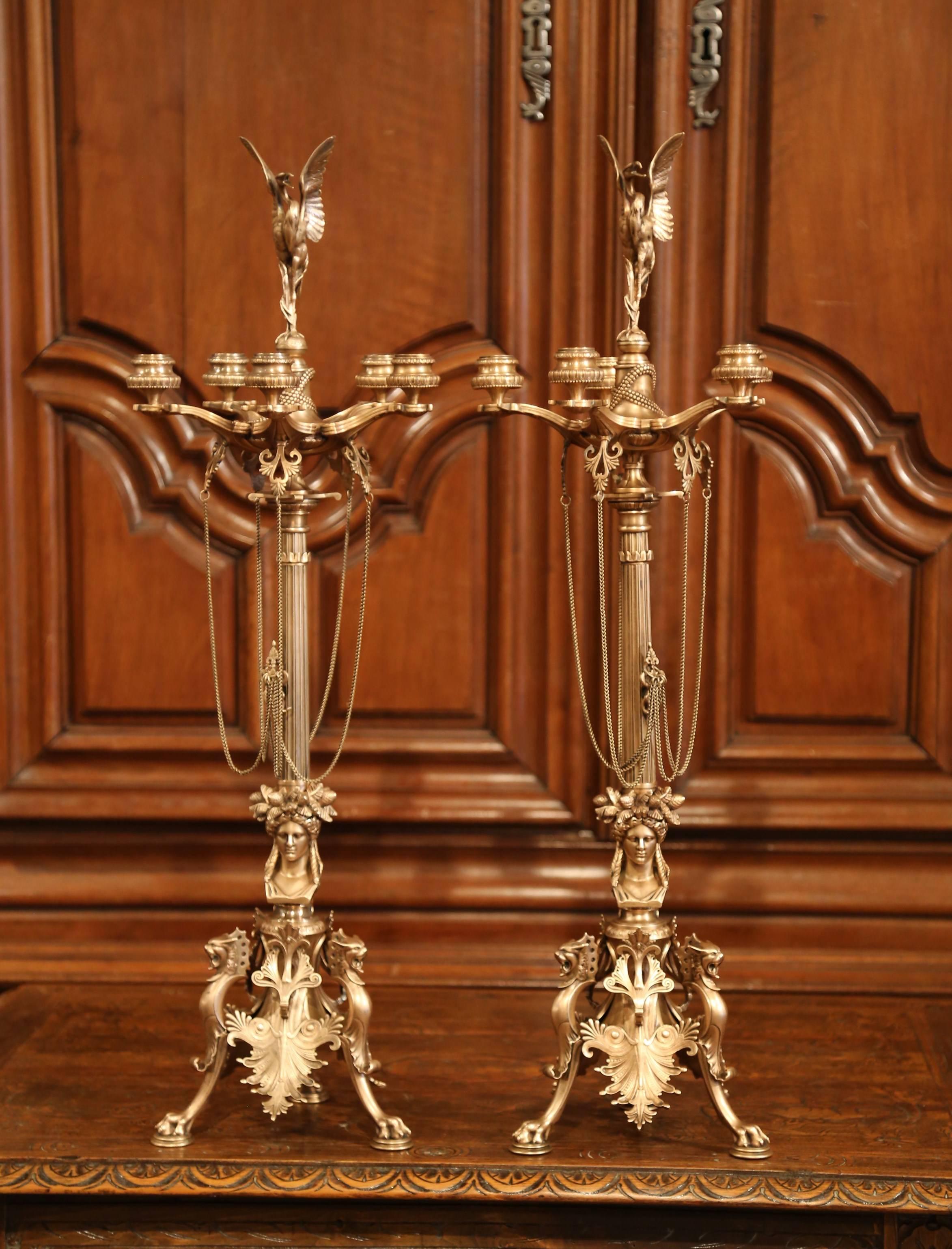 Pair of 19th Century French Patinated Bronze and Copper Five-Light Candelabras 1