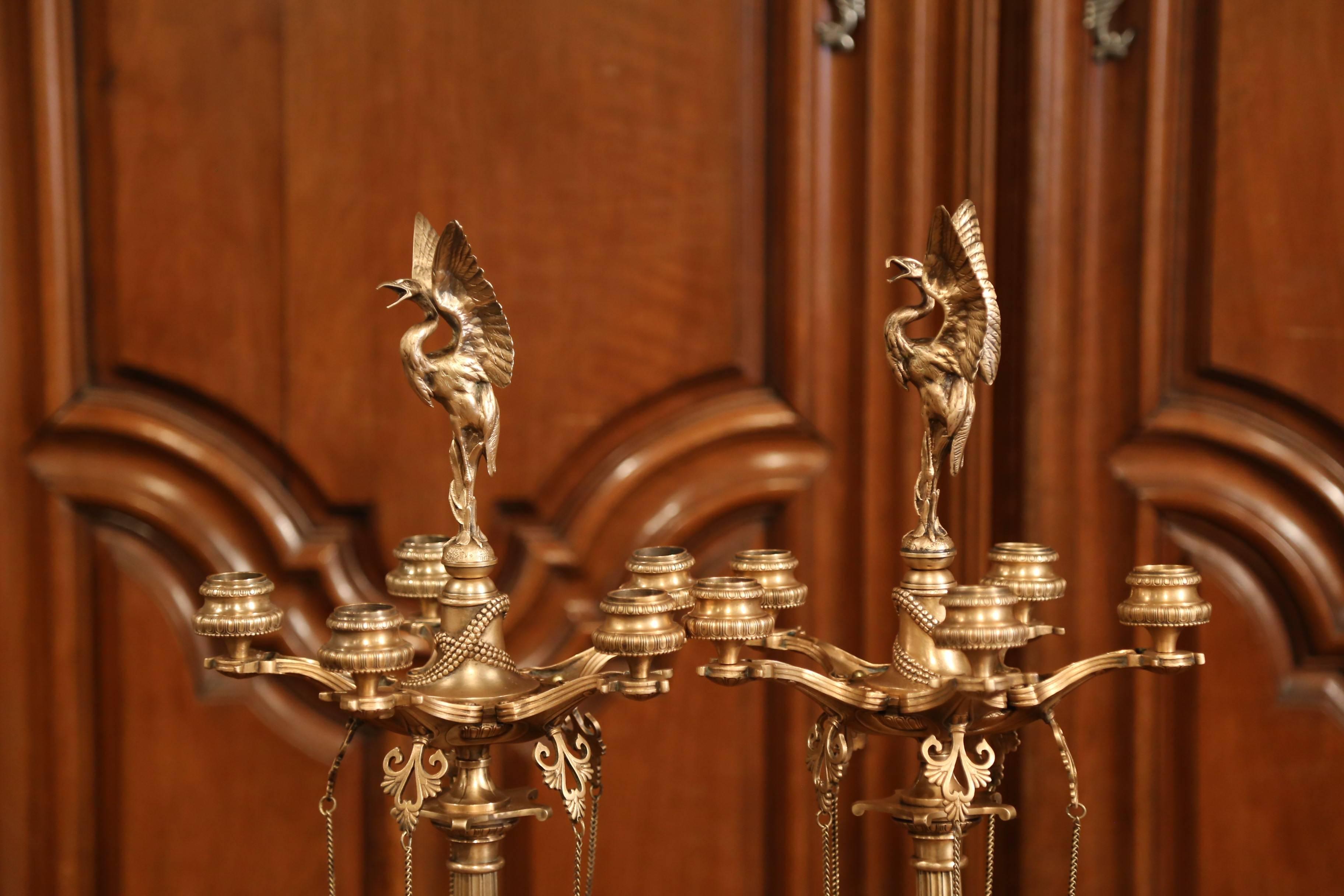 Pair of 19th Century French Patinated Bronze and Copper Five-Light Candelabras 3