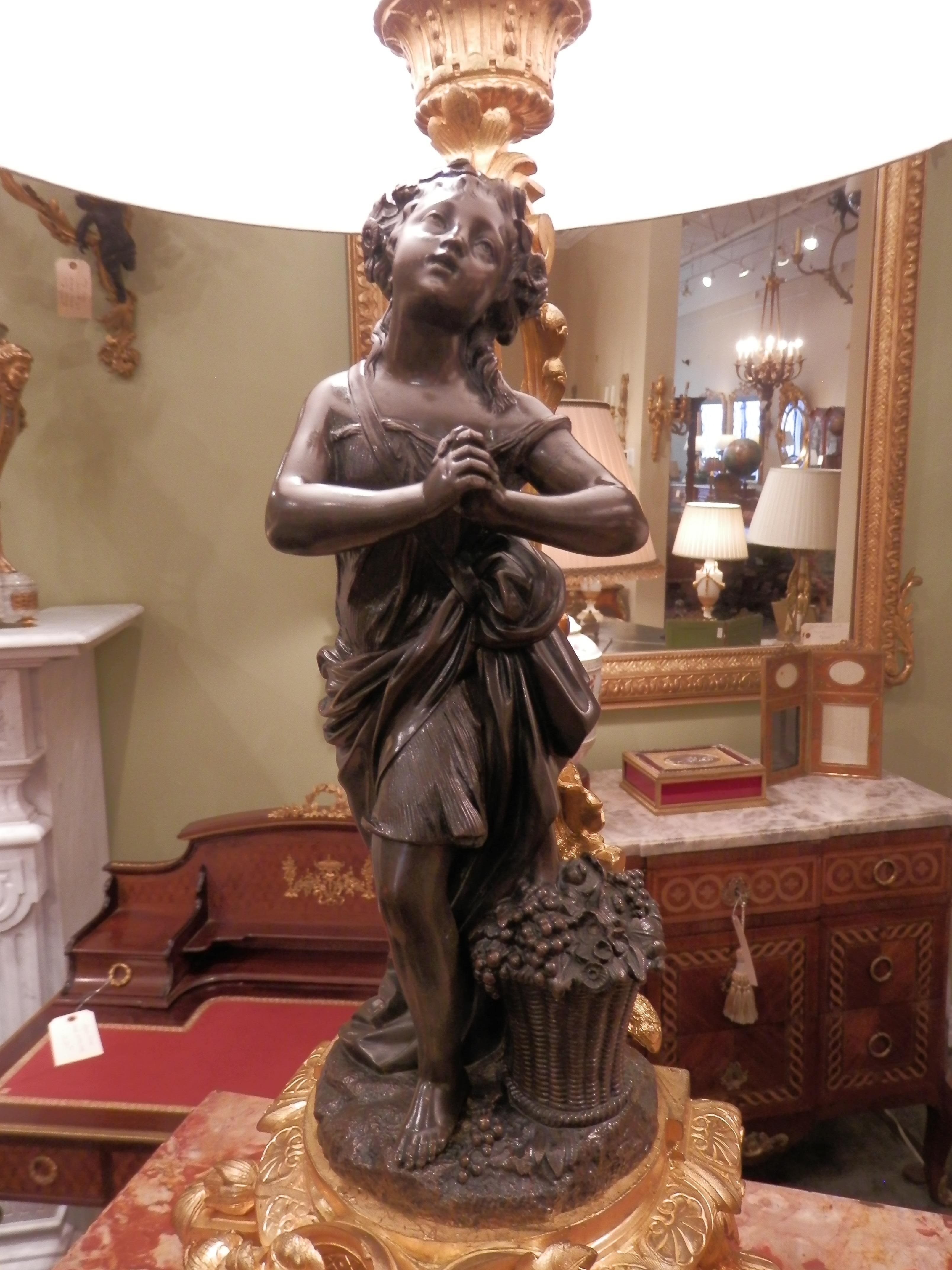 Louis Philippe Pair of 19th Century French Patinated Bronze and Gilt Bronze Figural Lamps For Sale
