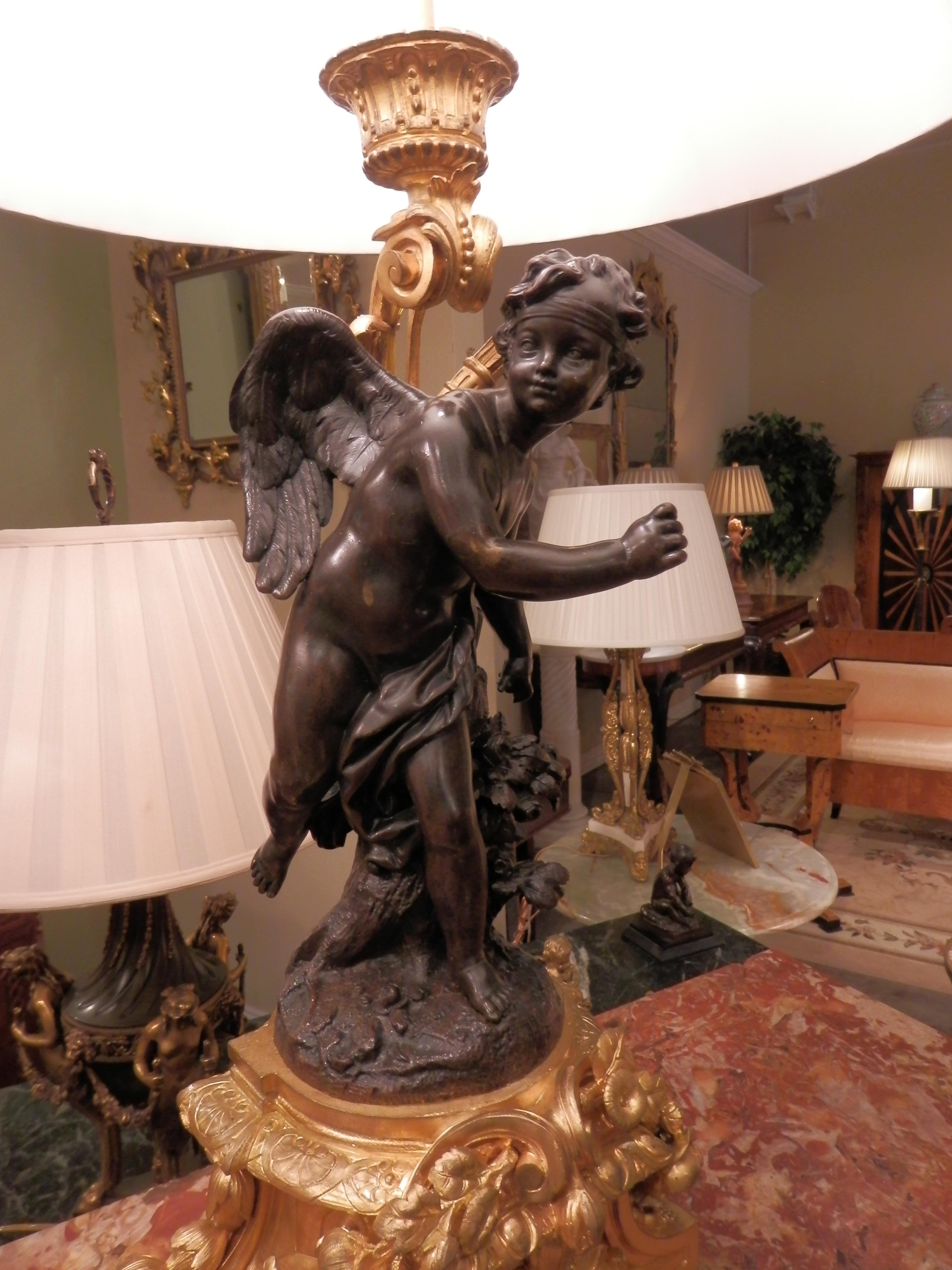 Pair of 19th Century French Patinated Bronze and Gilt Bronze Figural Lamps In Good Condition For Sale In Dallas, TX