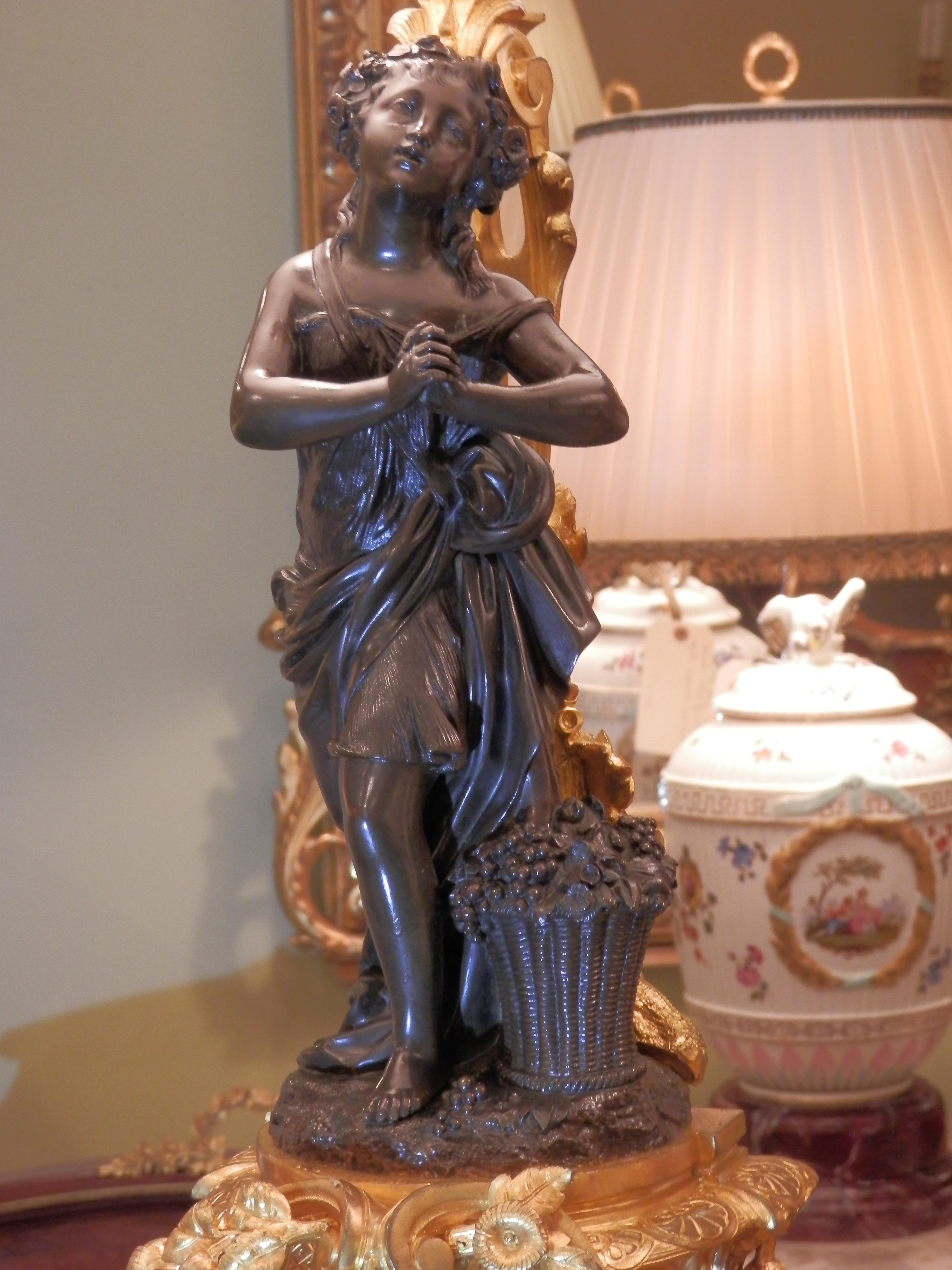 Pair of 19th Century French Patinated Bronze and Gilt Bronze Figural Lamps For Sale 2