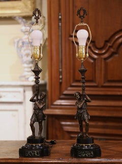 Pair of 19th Century French Patinated Bronze and Marble Figural Table Lamps