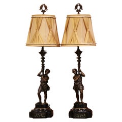 Antique Pair of 19th Century French Patinated Bronze and Marble Figural Table Lamps