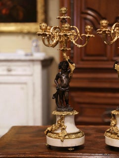 Pair of 19th Century French Patinated Bronze and Marble Six-Arm Candle Holders