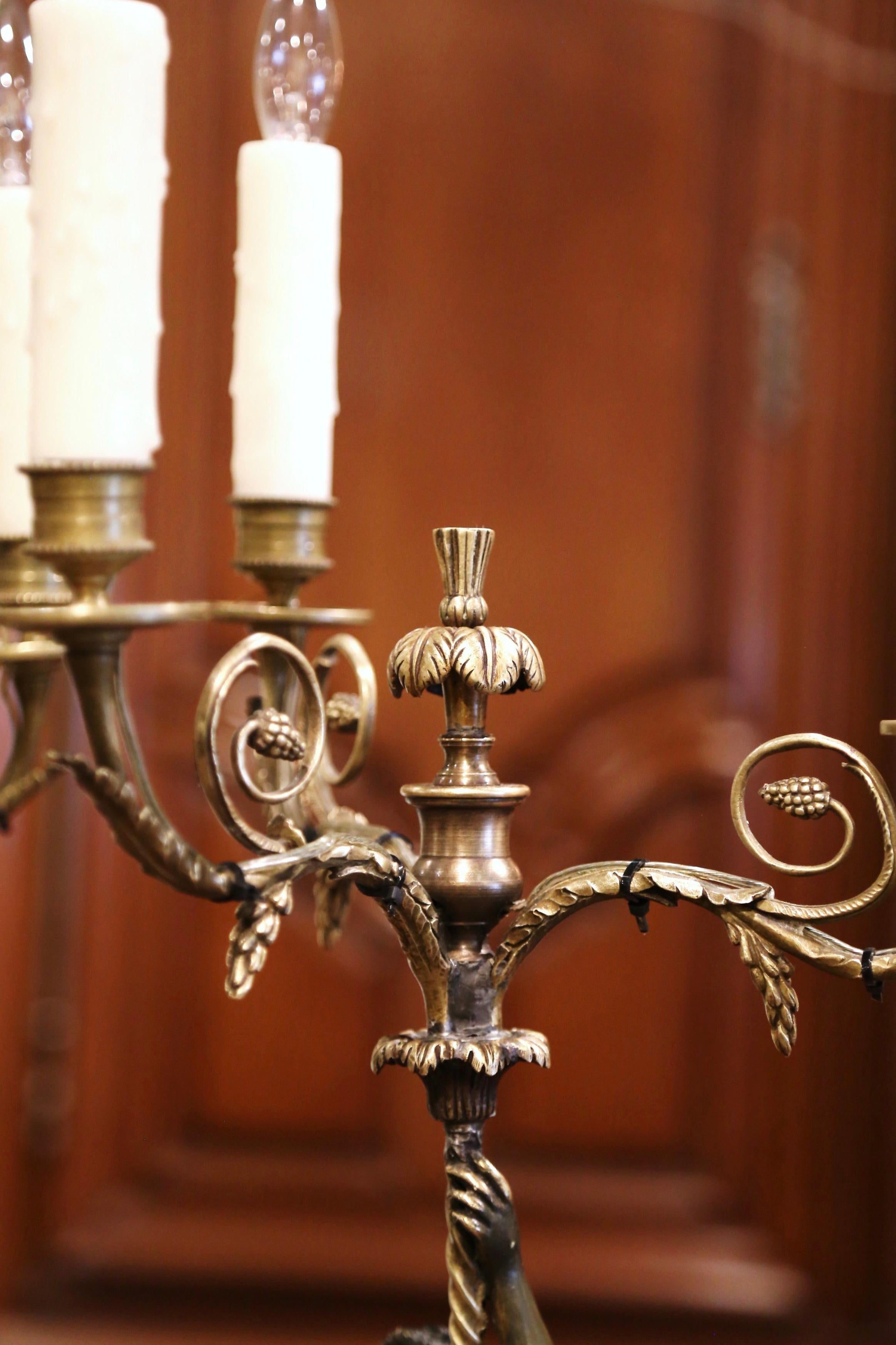 Pair of 19th Century French Patinated Bronze and Marble Three-Light Candelabras 7