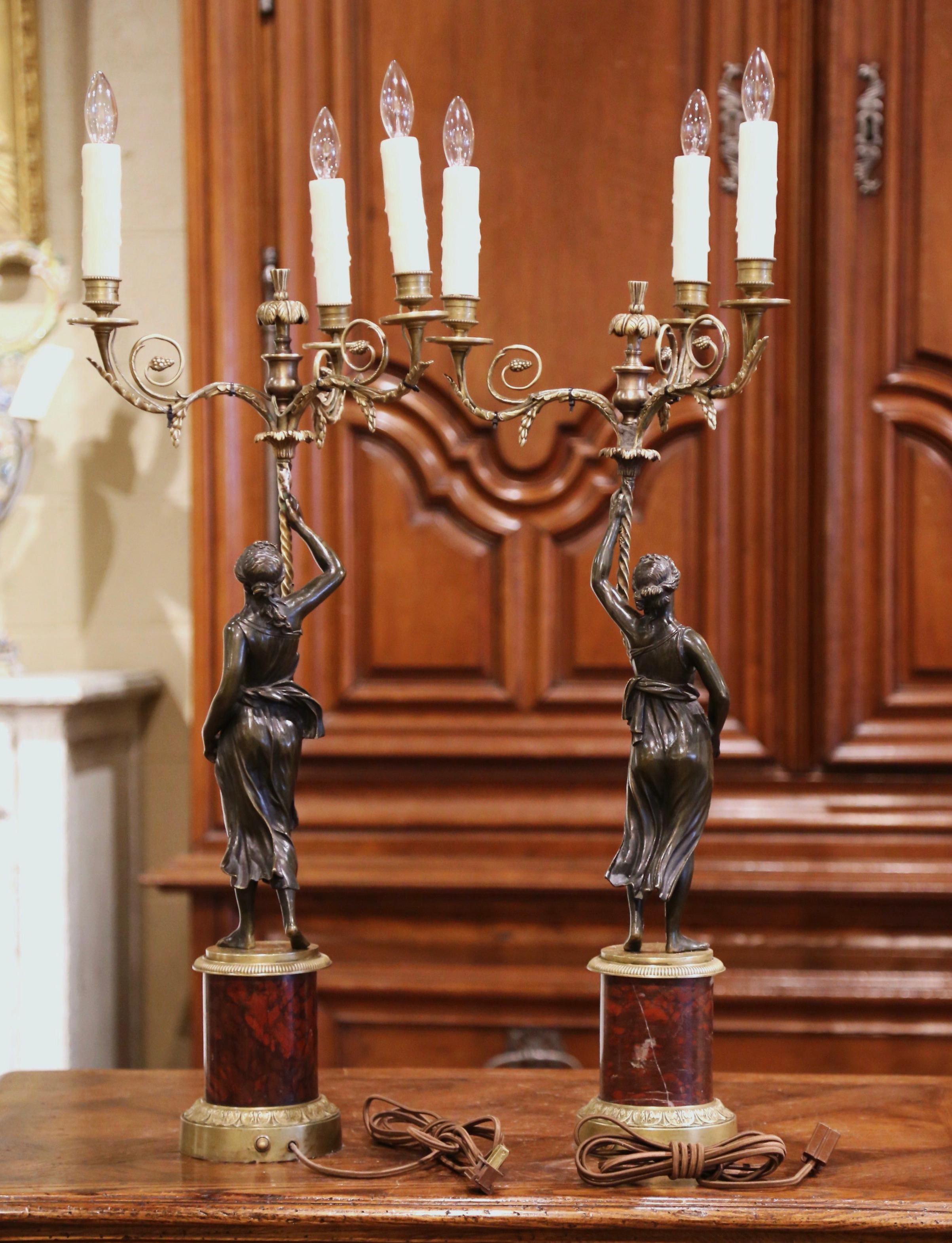Pair of 19th Century French Patinated Bronze and Marble Three-Light Candelabras 8
