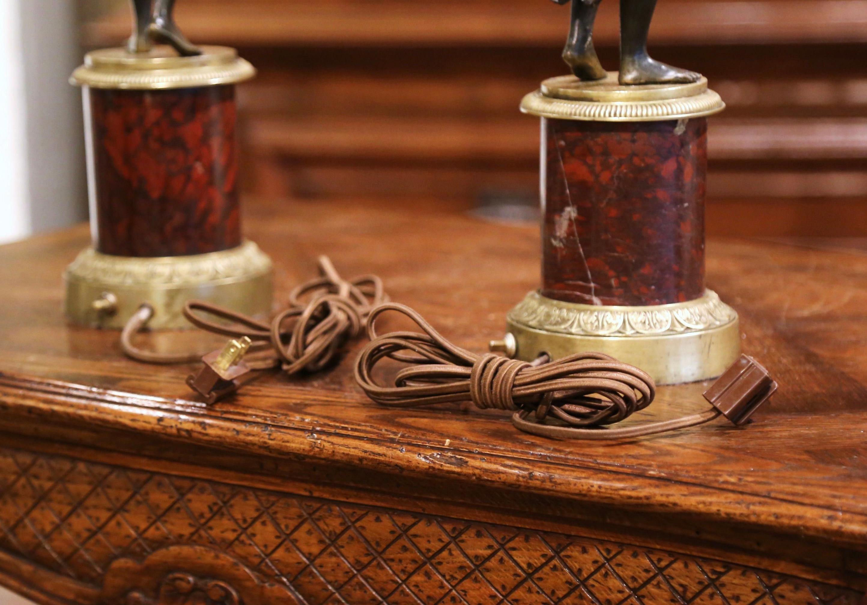 Pair of 19th Century French Patinated Bronze and Marble Three-Light Candelabras 9