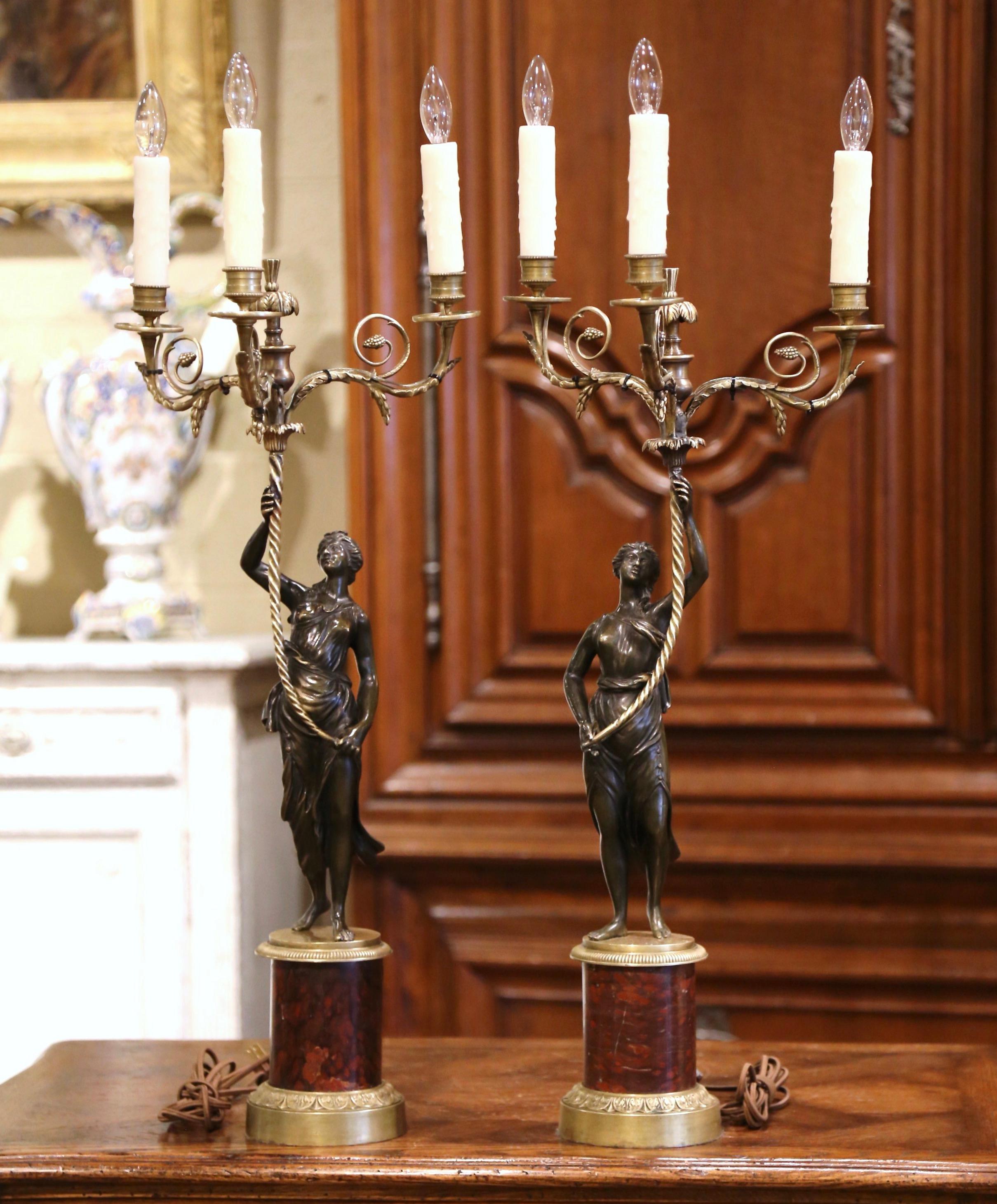 Napoleon III Pair of 19th Century French Patinated Bronze and Marble Three-Light Candelabras