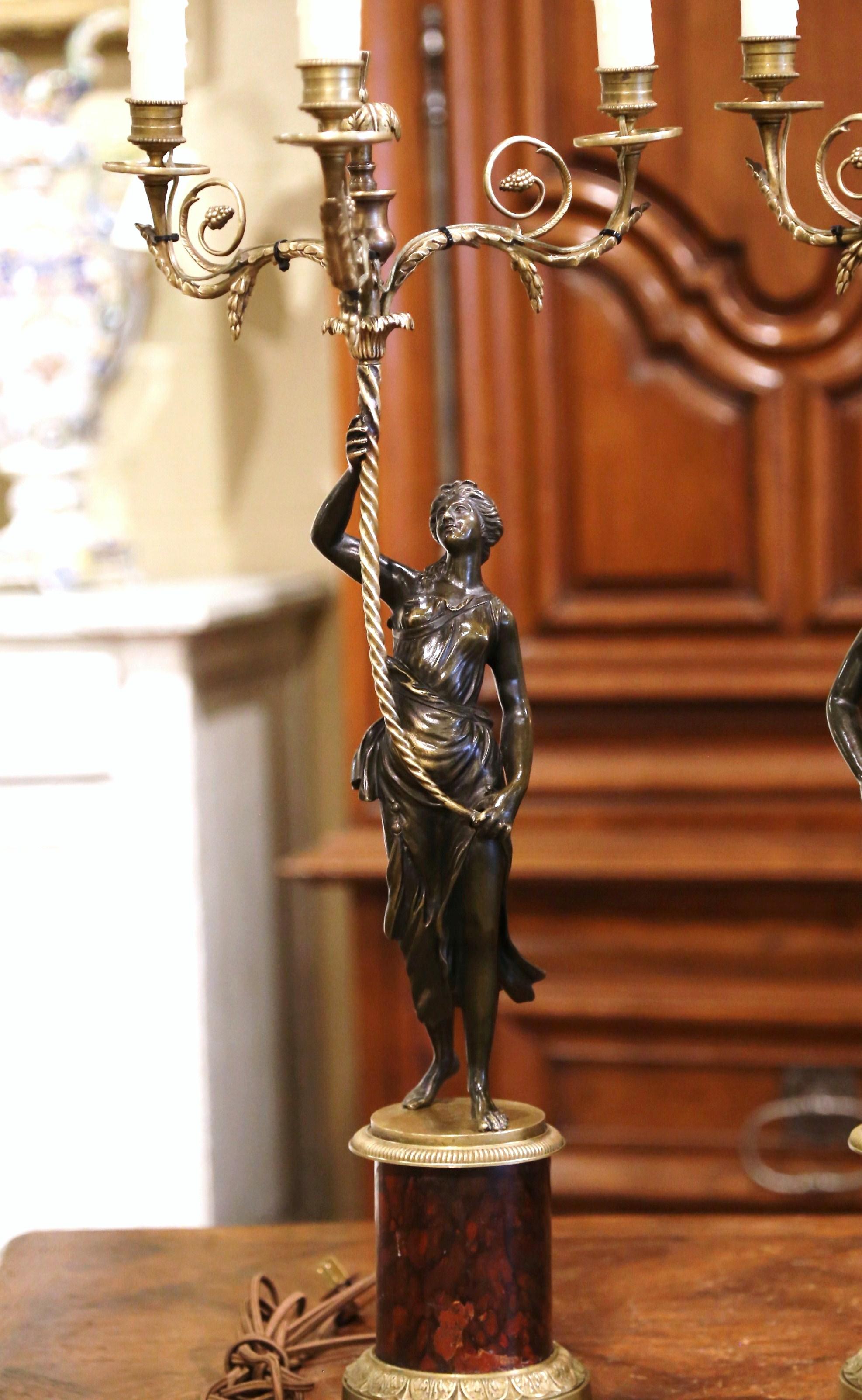 Pair of 19th Century French Patinated Bronze and Marble Three-Light Candelabras 1