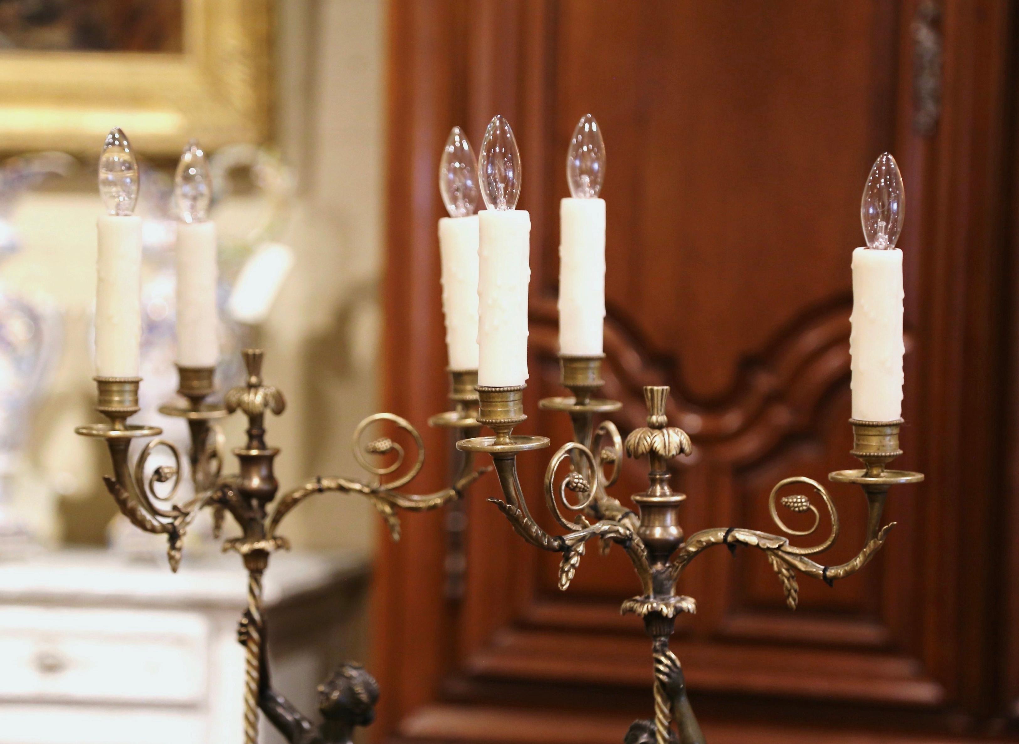 Pair of 19th Century French Patinated Bronze and Marble Three-Light Candelabras 3