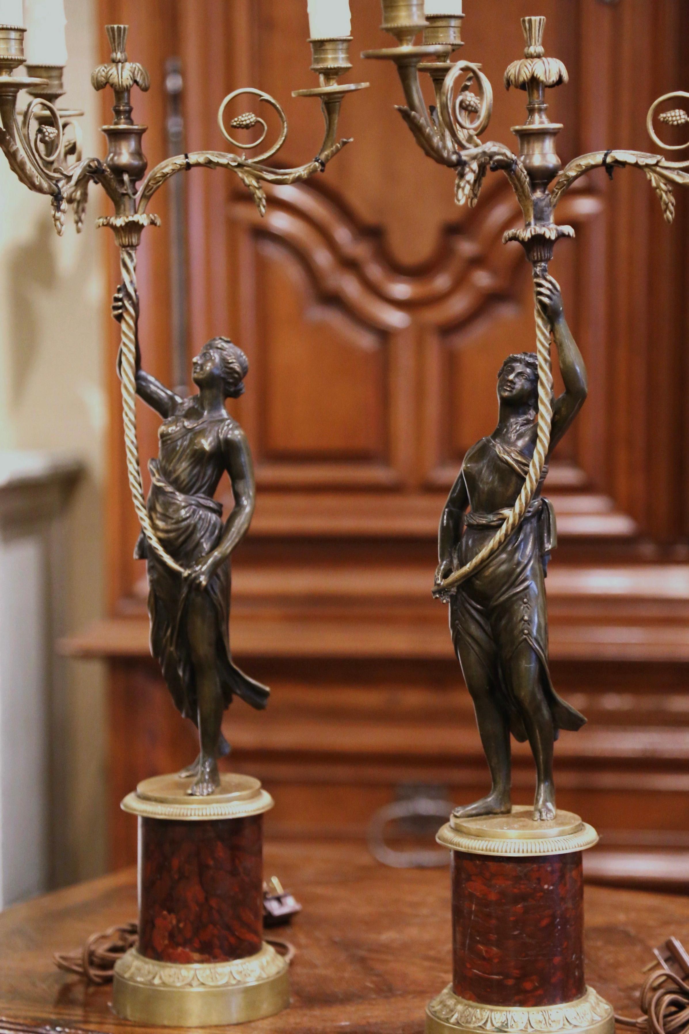 Pair of 19th Century French Patinated Bronze and Marble Three-Light Candelabras 4