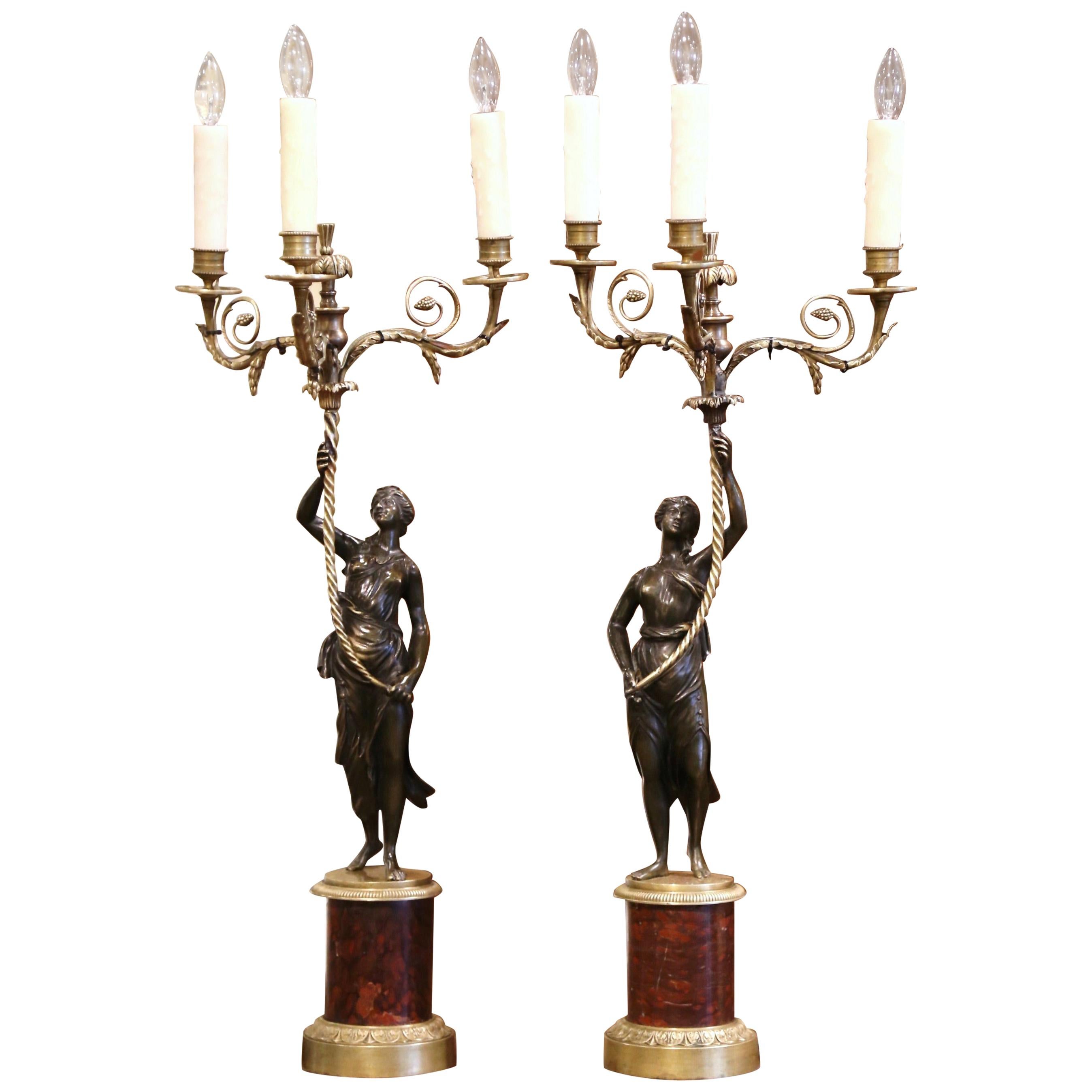 Pair of 19th Century French Patinated Bronze and Marble Three-Light Candelabras