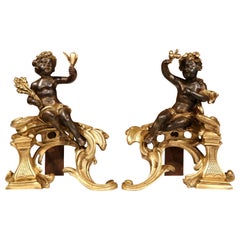 Pair of 19th Century French Patinated Bronze Andirons Chenets with Cherubs