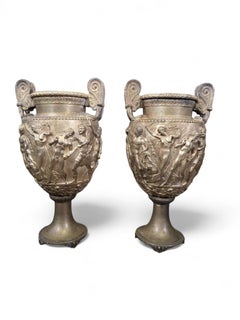 Pair of 19th Century French Patinated Bronze Vases with Greek Mythological Relie
