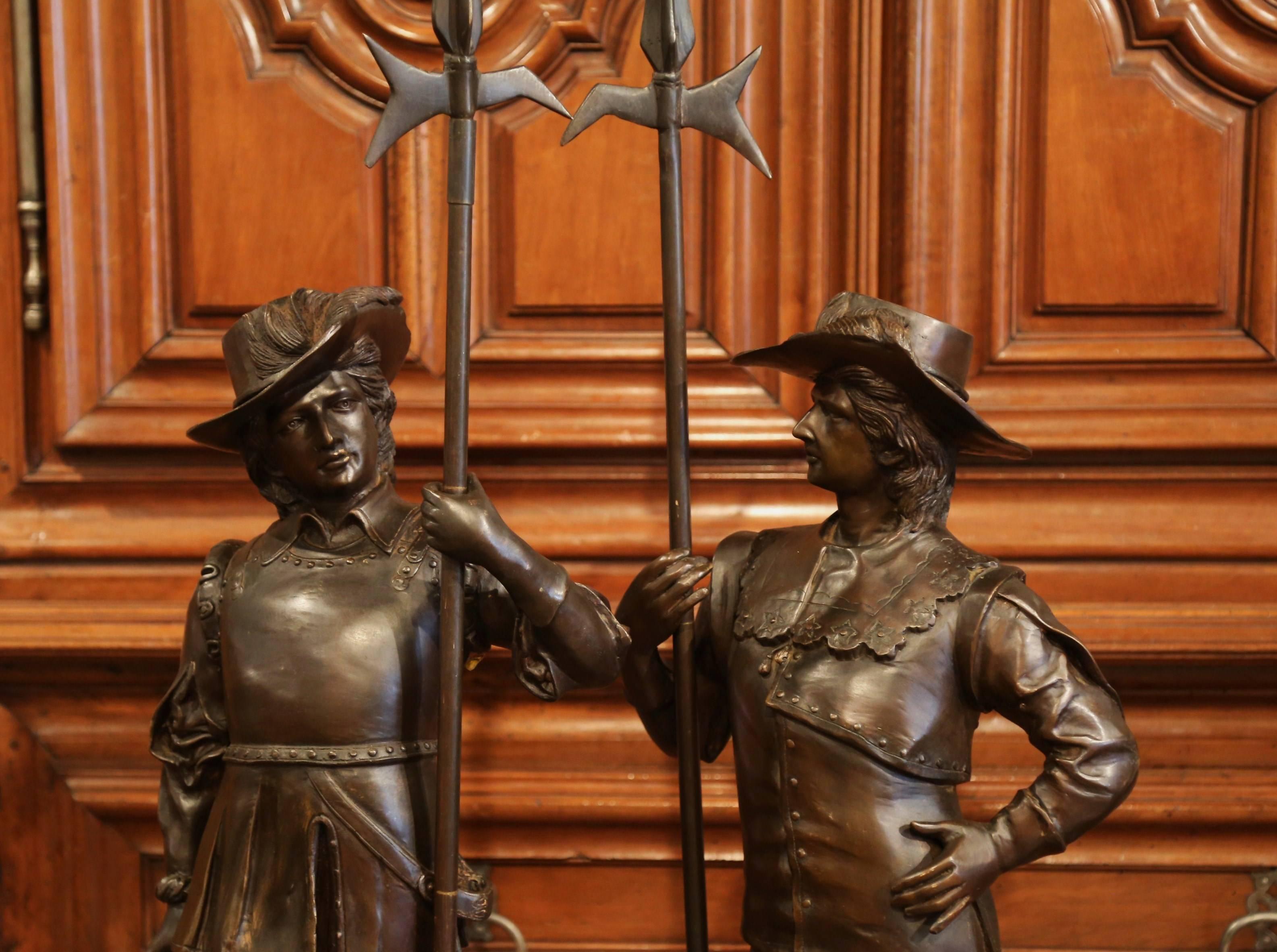 Renaissance Pair of 19th Century French Patinated Musketeers Sculptures Signed E. Picault