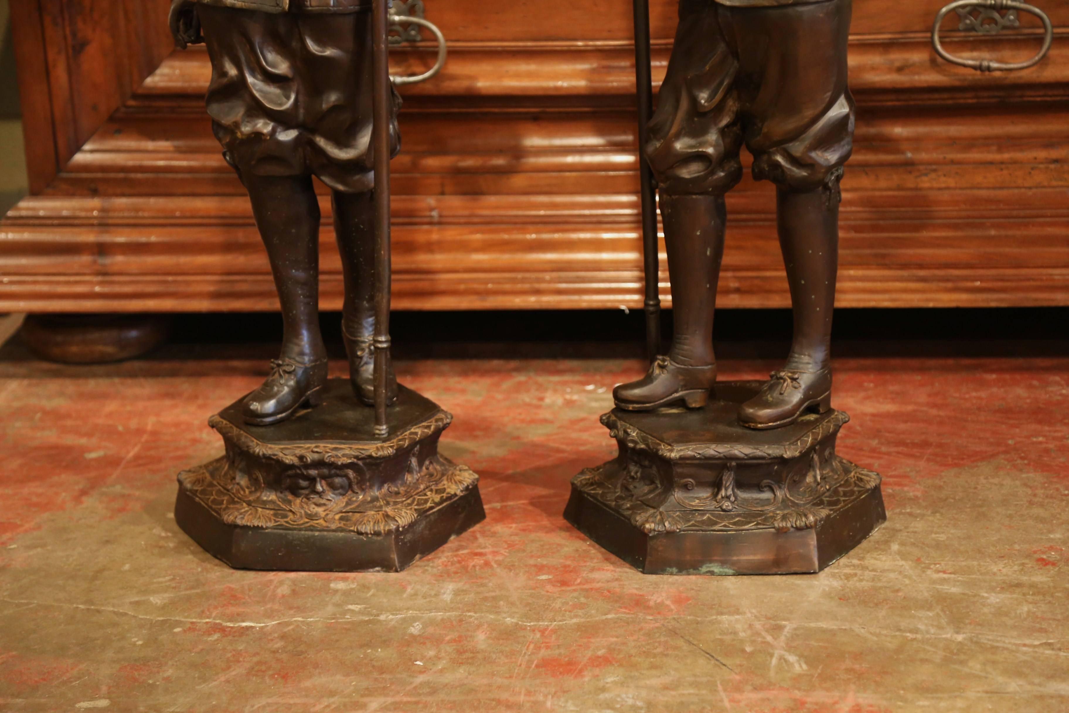 Hand-Crafted Pair of 19th Century French Patinated Musketeers Sculptures Signed E. Picault