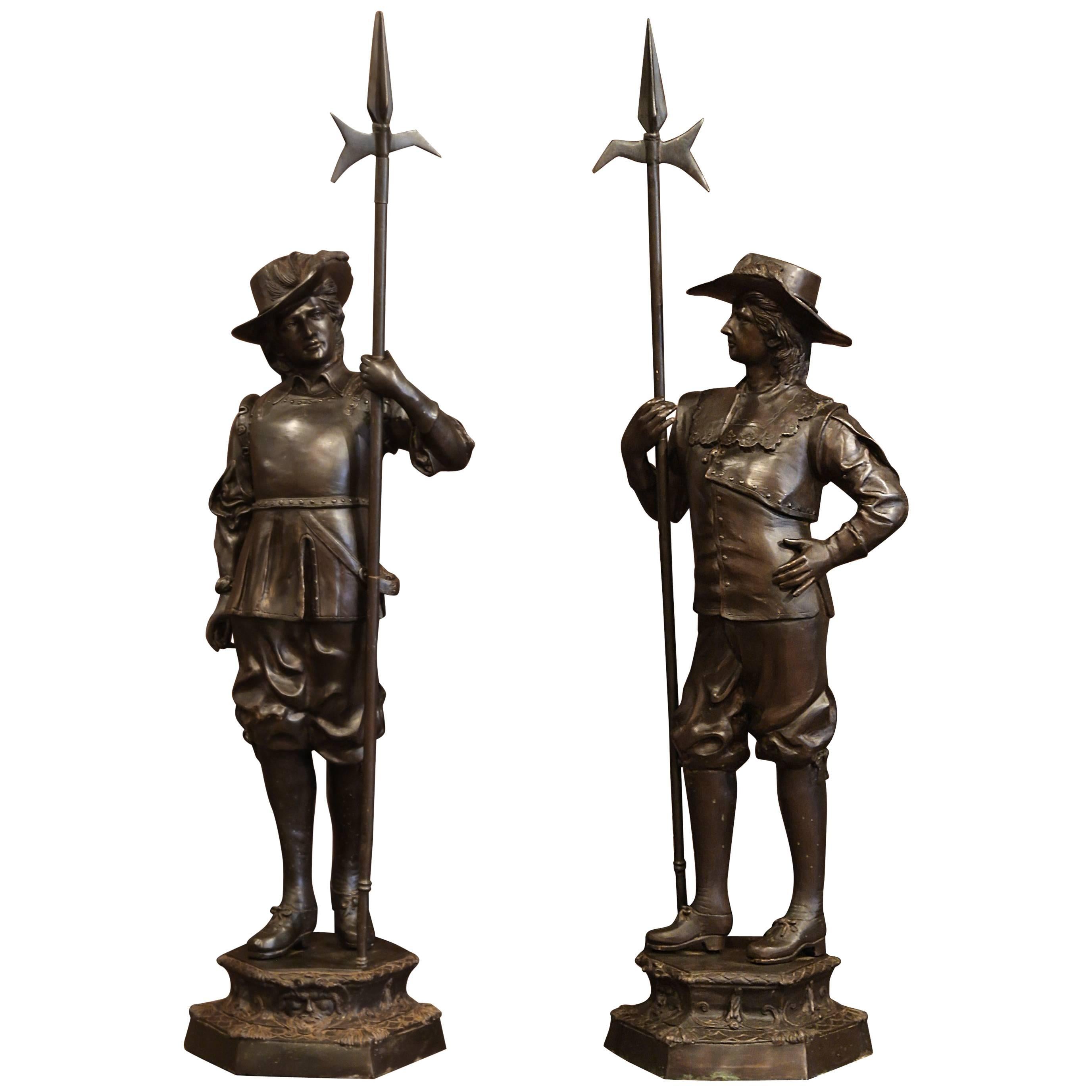 Pair of 19th Century French Patinated Musketeers Sculptures Signed E. Picault