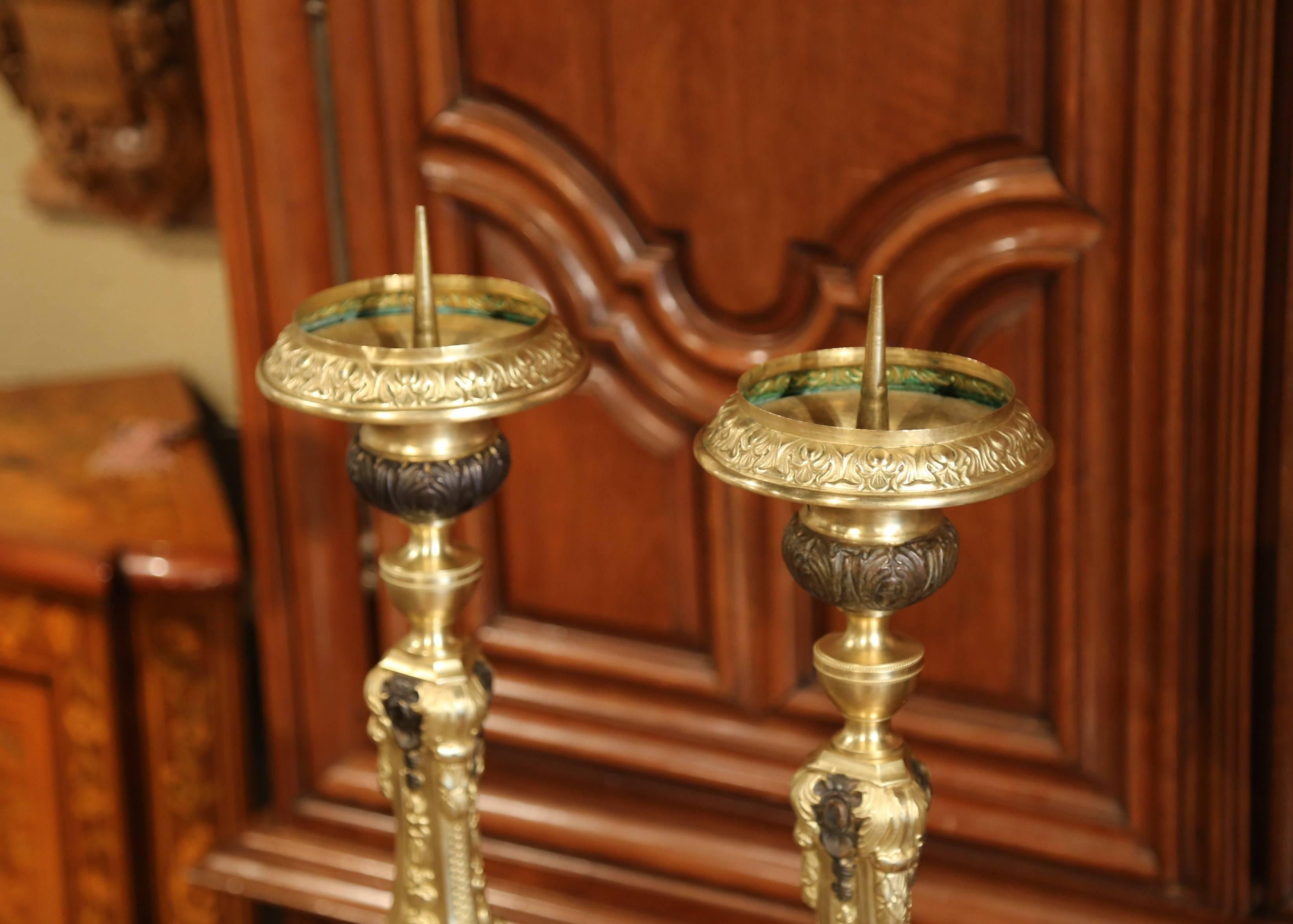 Pair of 19th Century French Patinated Two-Tone Repousse Brass Pic-Cierges 2