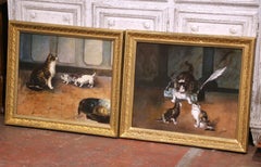 Pair of 19th Century French Pendant Cat Oil on Canvas Paintings Signed A. Pernot