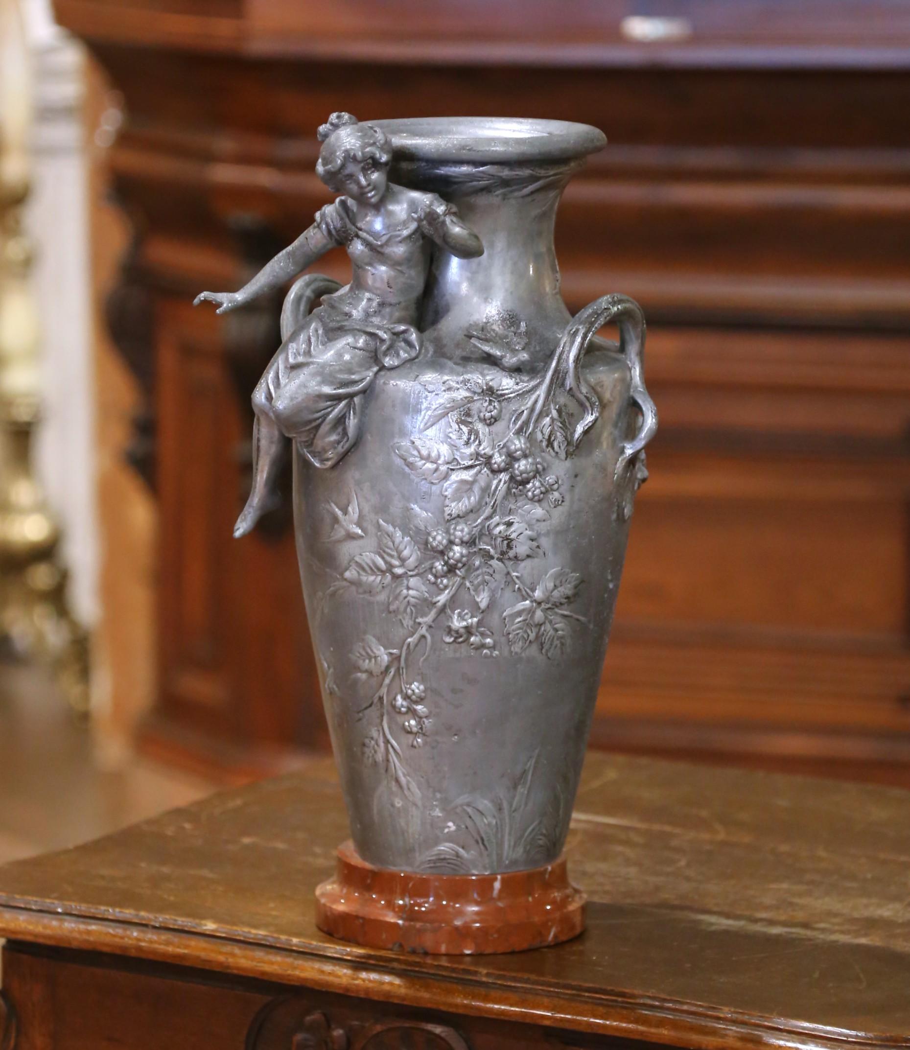 Pair of 19th Century French Pewter Vases on Marble Bases with Figural Maidens For Sale 4
