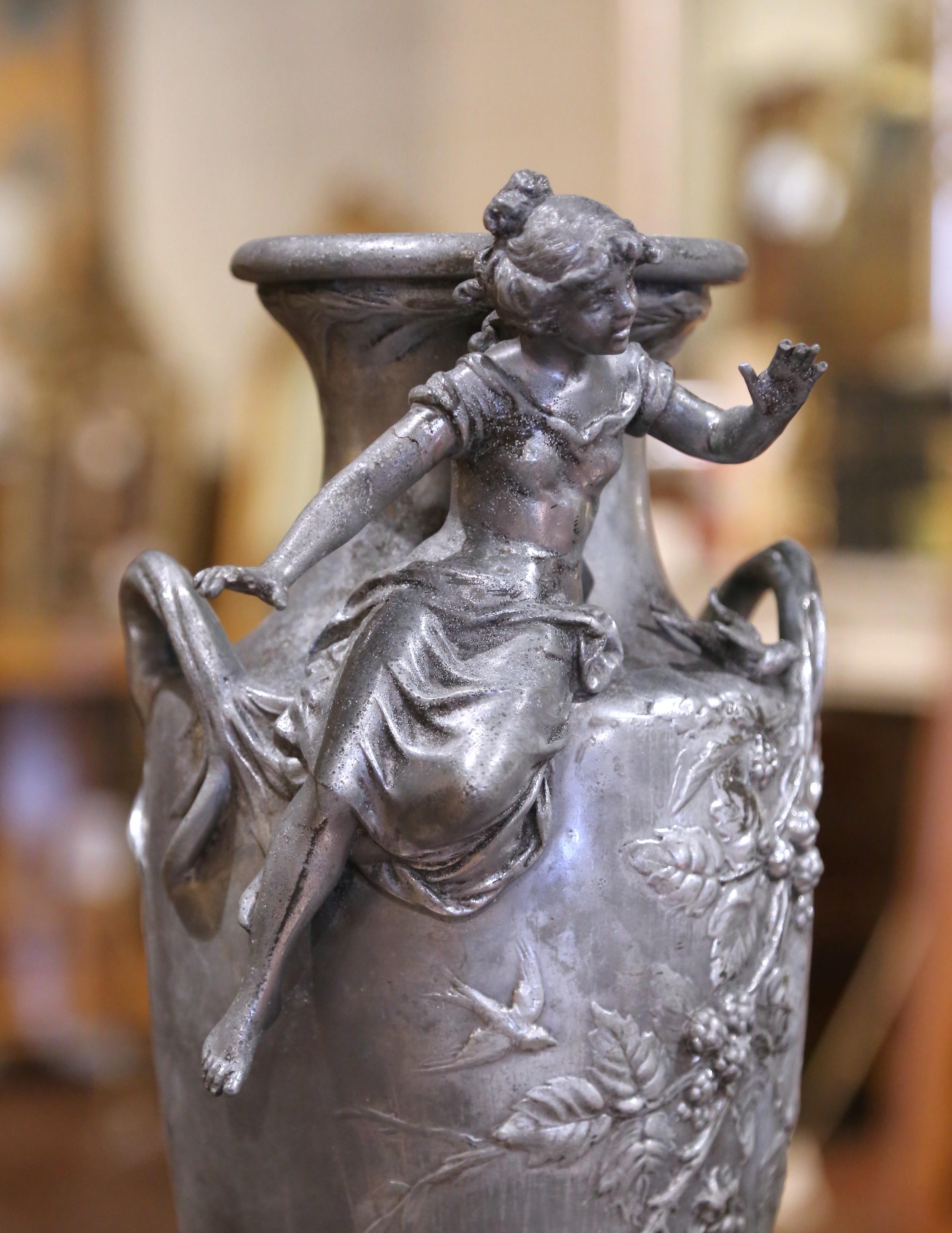 Pair of 19th Century French Pewter Vases on Marble Bases with Figural Maidens For Sale 5