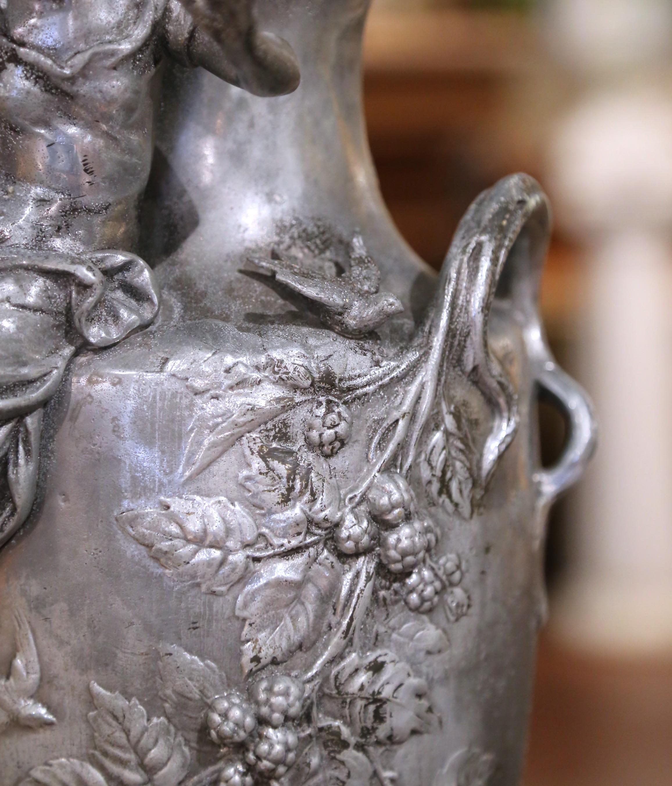 Pair of 19th Century French Pewter Vases on Marble Bases with Figural Maidens For Sale 7
