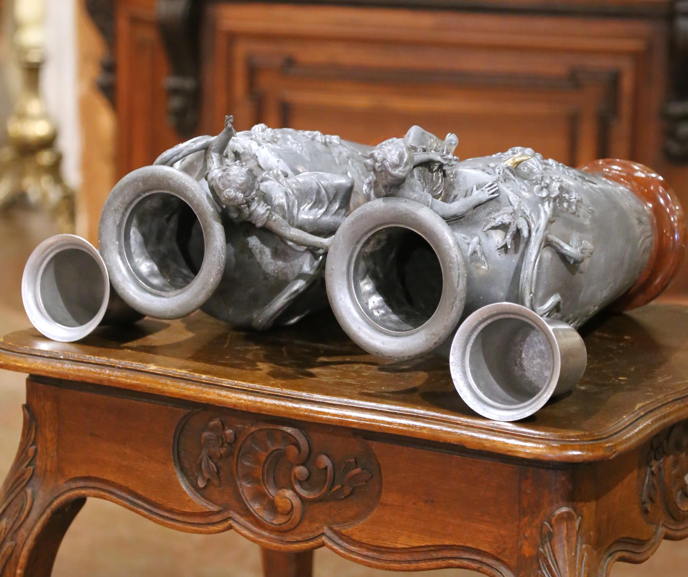 Pair of 19th Century French Pewter Vases on Marble Bases with Figural Maidens For Sale 9