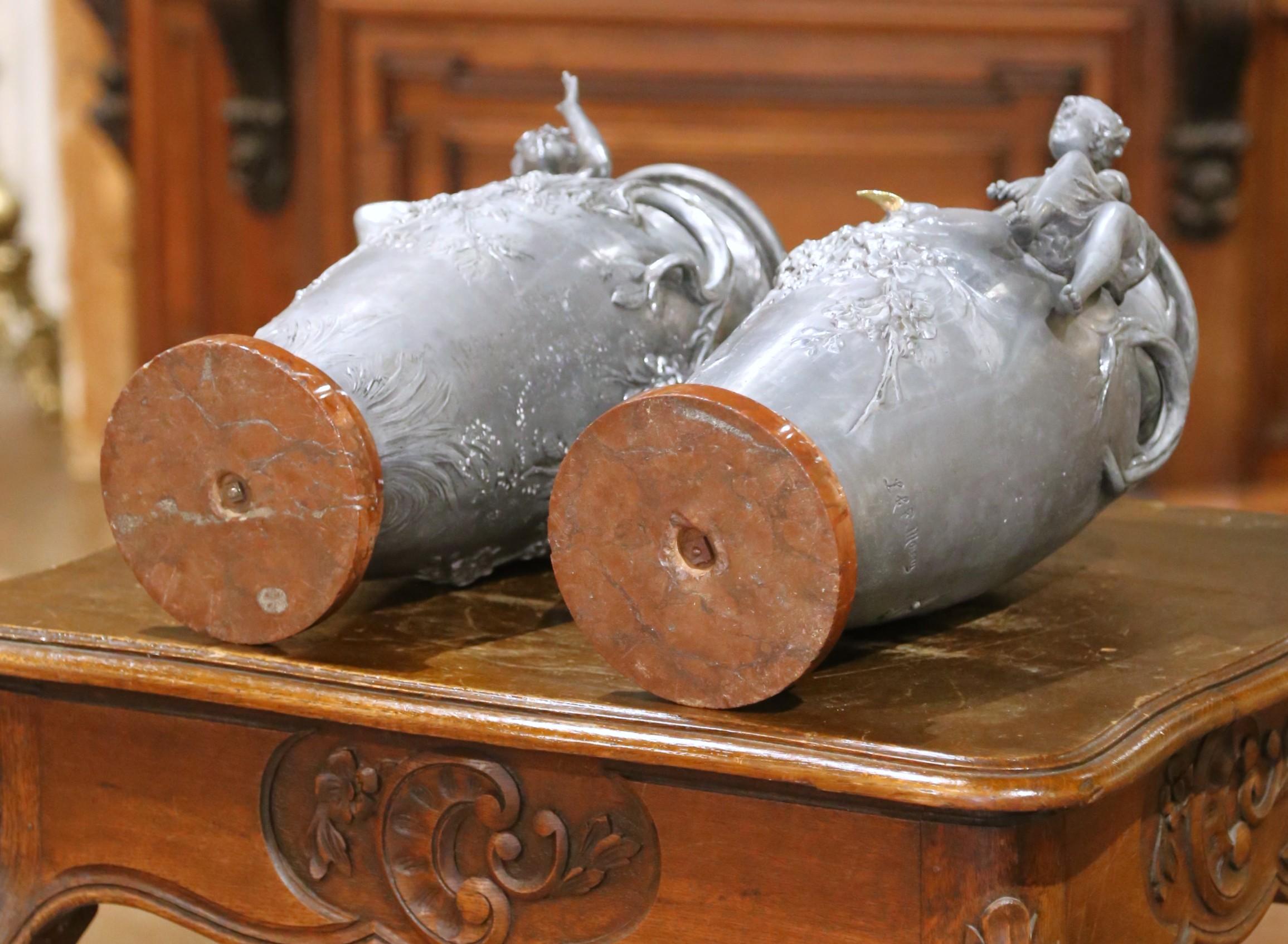 Pair of 19th Century French Pewter Vases on Marble Bases with Figural Maidens For Sale 10